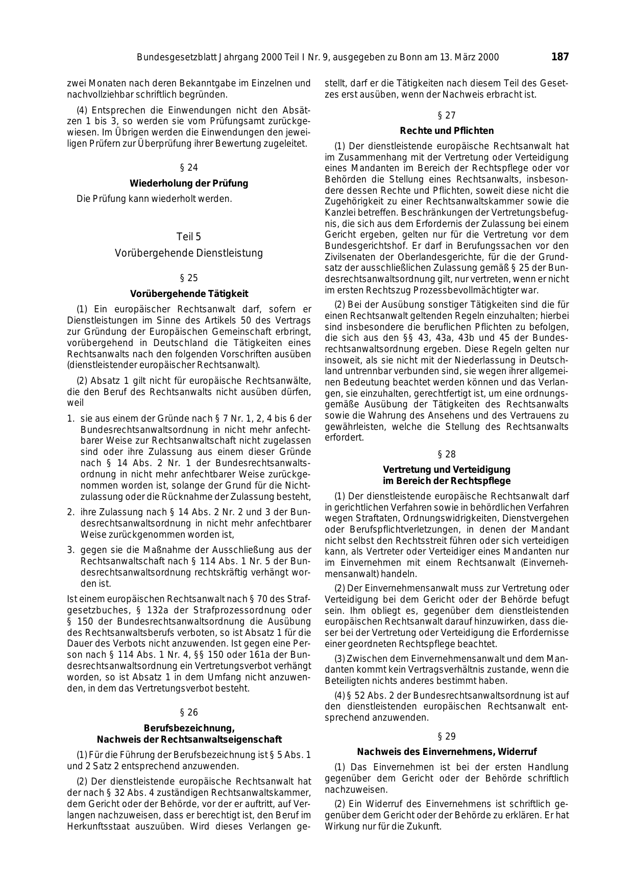 BGBl. 2000, Seite 187 — Originalseite als Abbildung