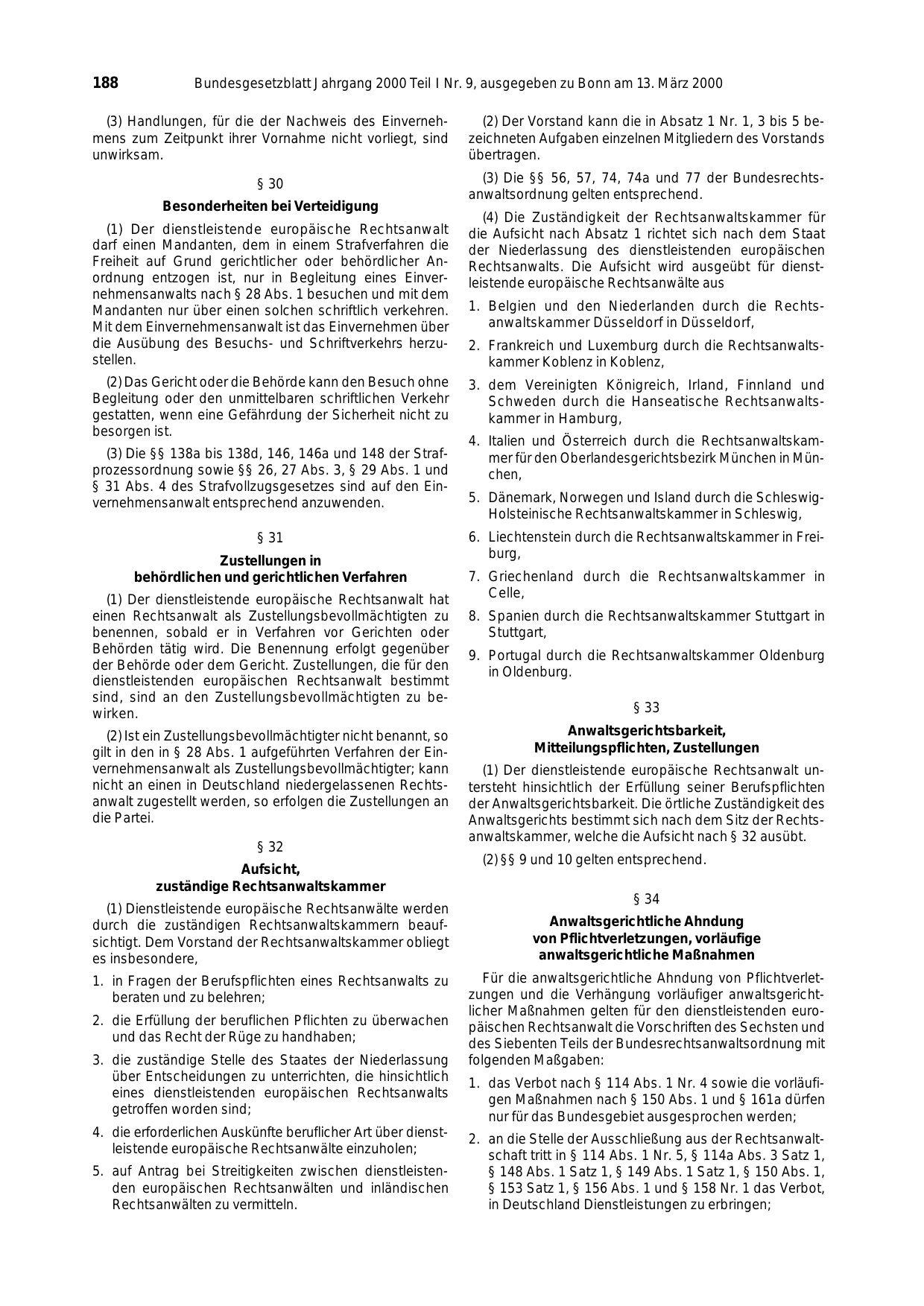 BGBl. 2000, Seite 188 — Originalseite als Abbildung