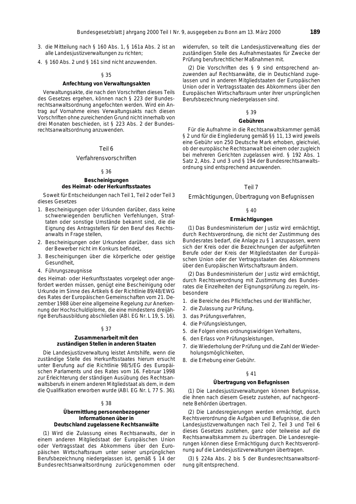 BGBl. 2000, Seite 189 — Originalseite als Abbildung
