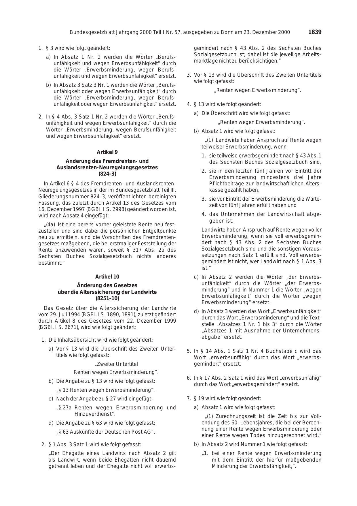 BGBl. 2000, Seite 1839 — Originalseite als Abbildung