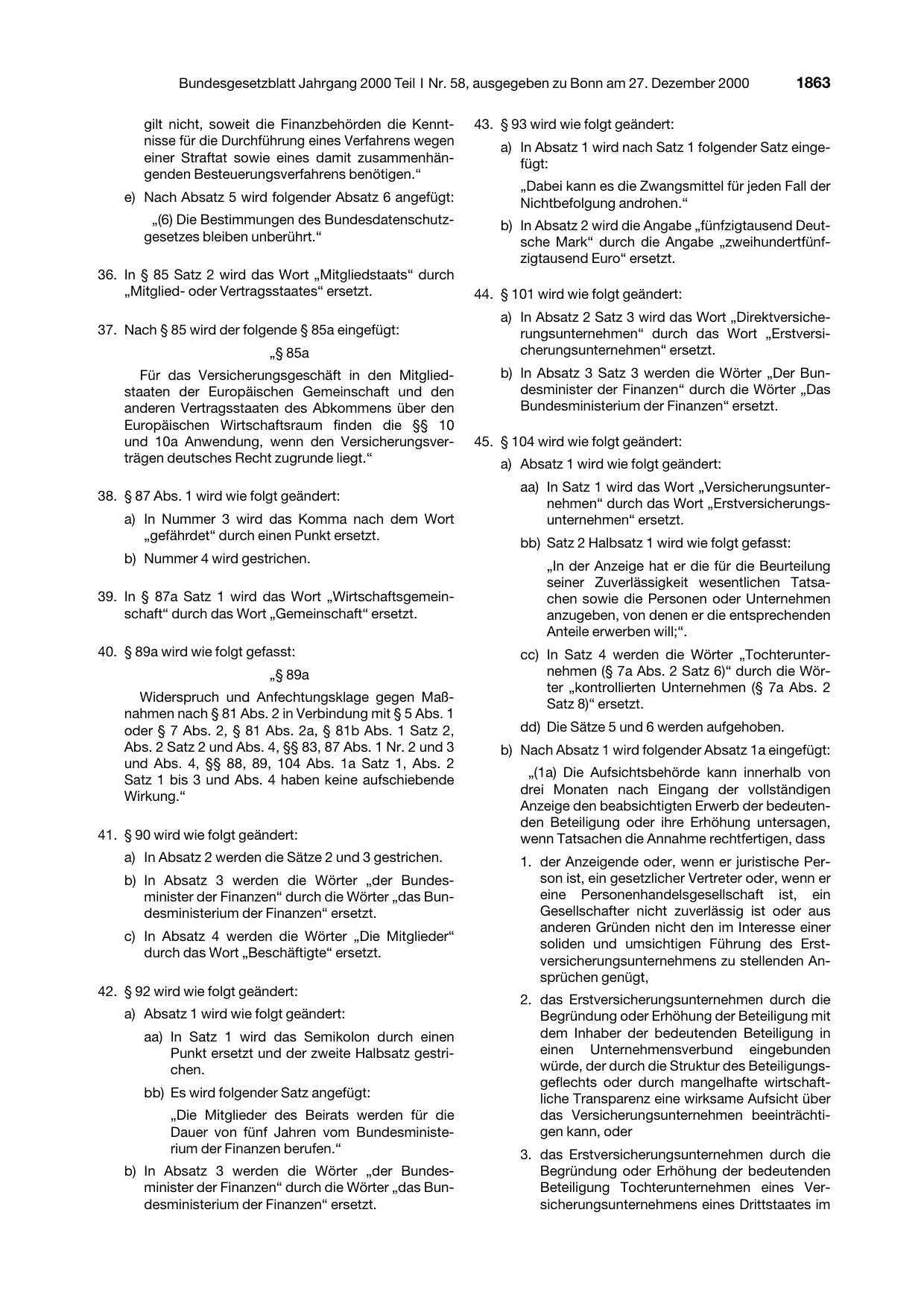 BGBl. 2000, Seite 1863 — Originalseite als Abbildung