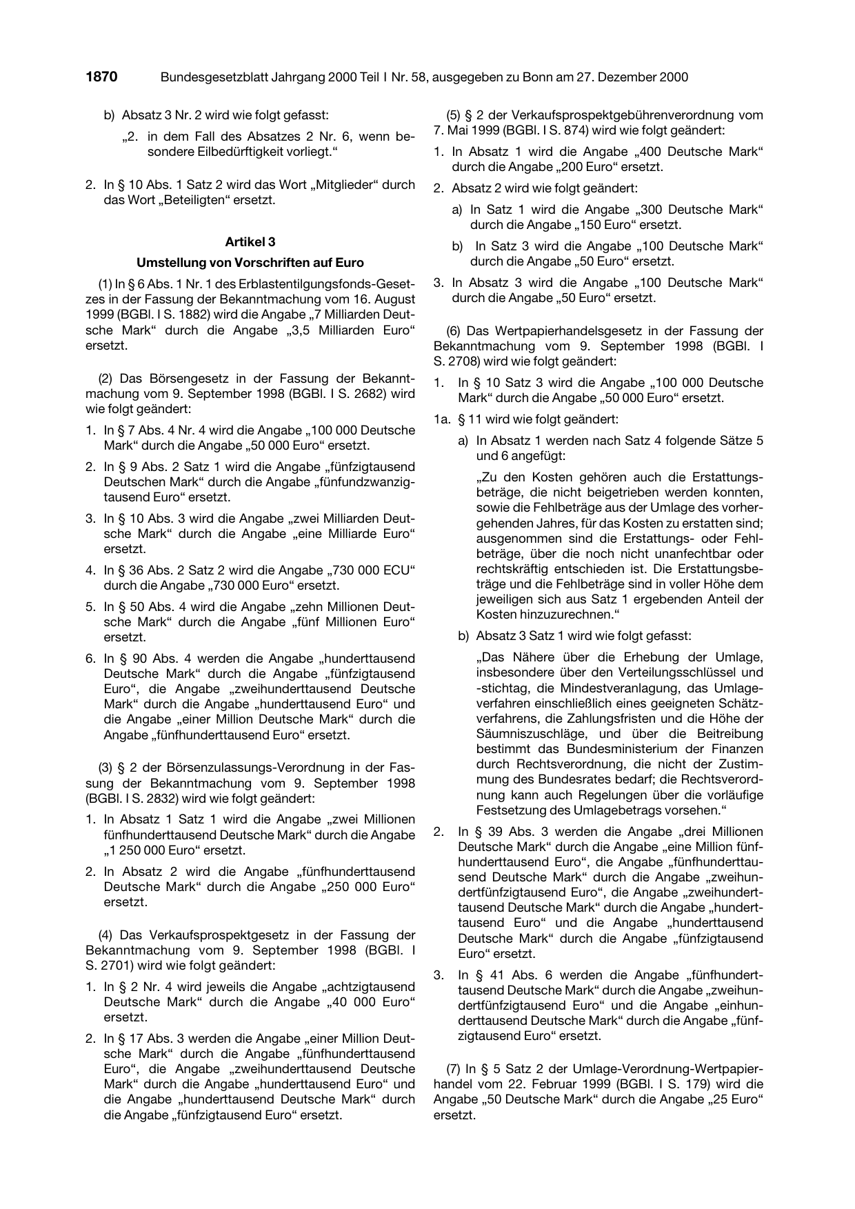 BGBl. 2000, Seite 1870 — Originalseite als Abbildung