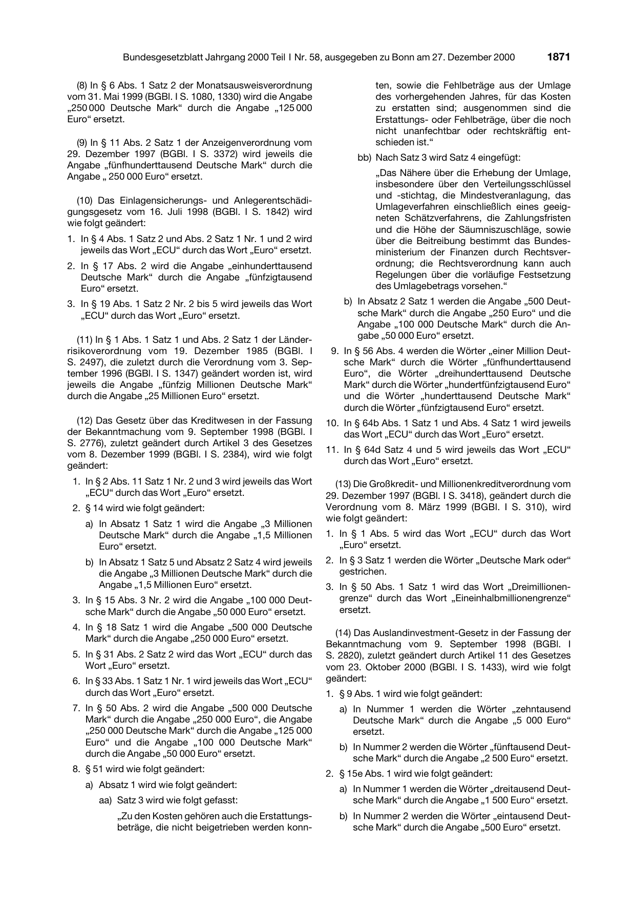 BGBl. 2000, Seite 1871 — Originalseite als Abbildung