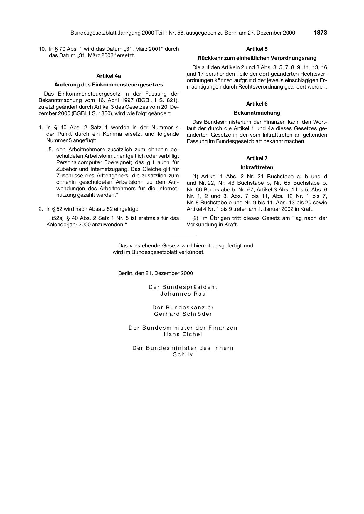 BGBl. 2000, Seite 1873 — Originalseite als Abbildung
