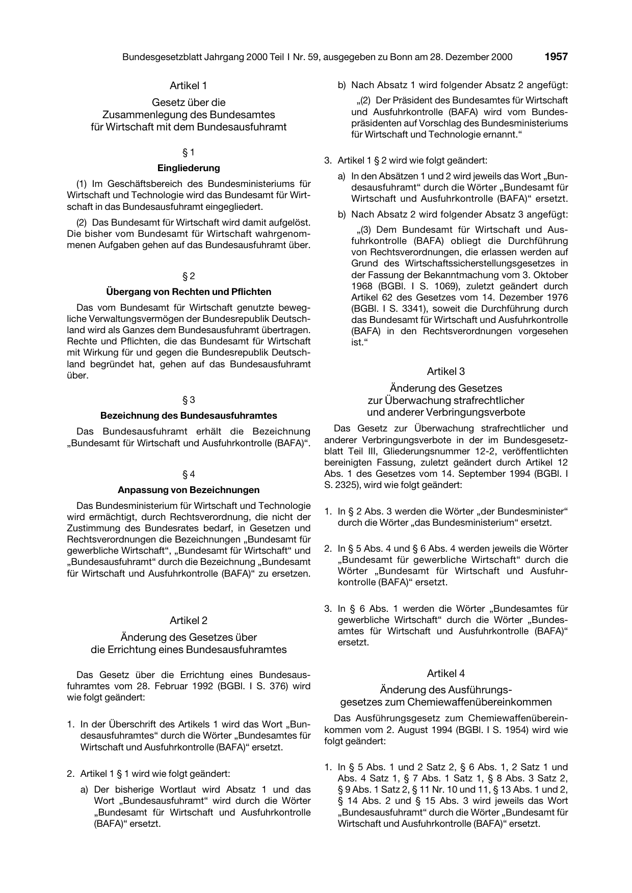 BGBl. 2000, Seite 1957 — Originalseite als Abbildung