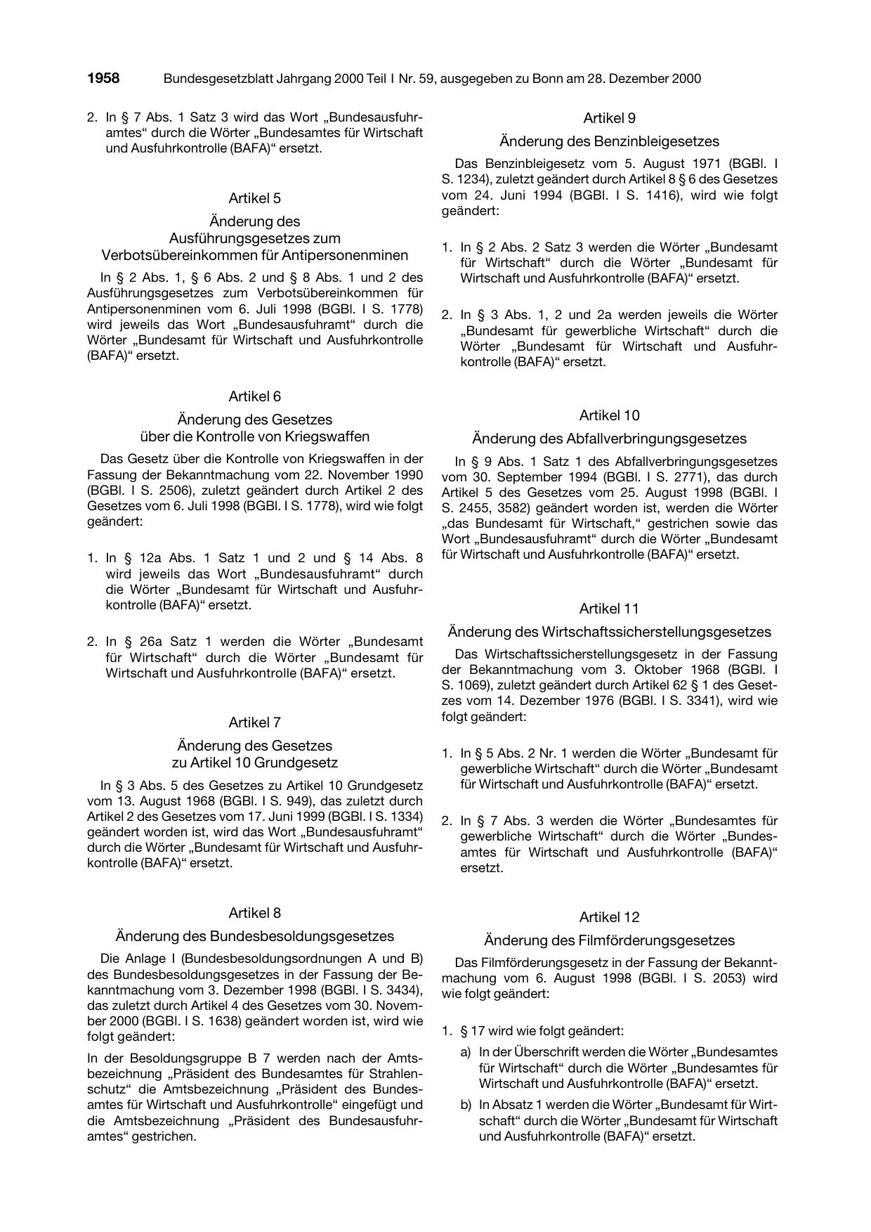 BGBl. 2000, Seite 1958 — Originalseite als Abbildung