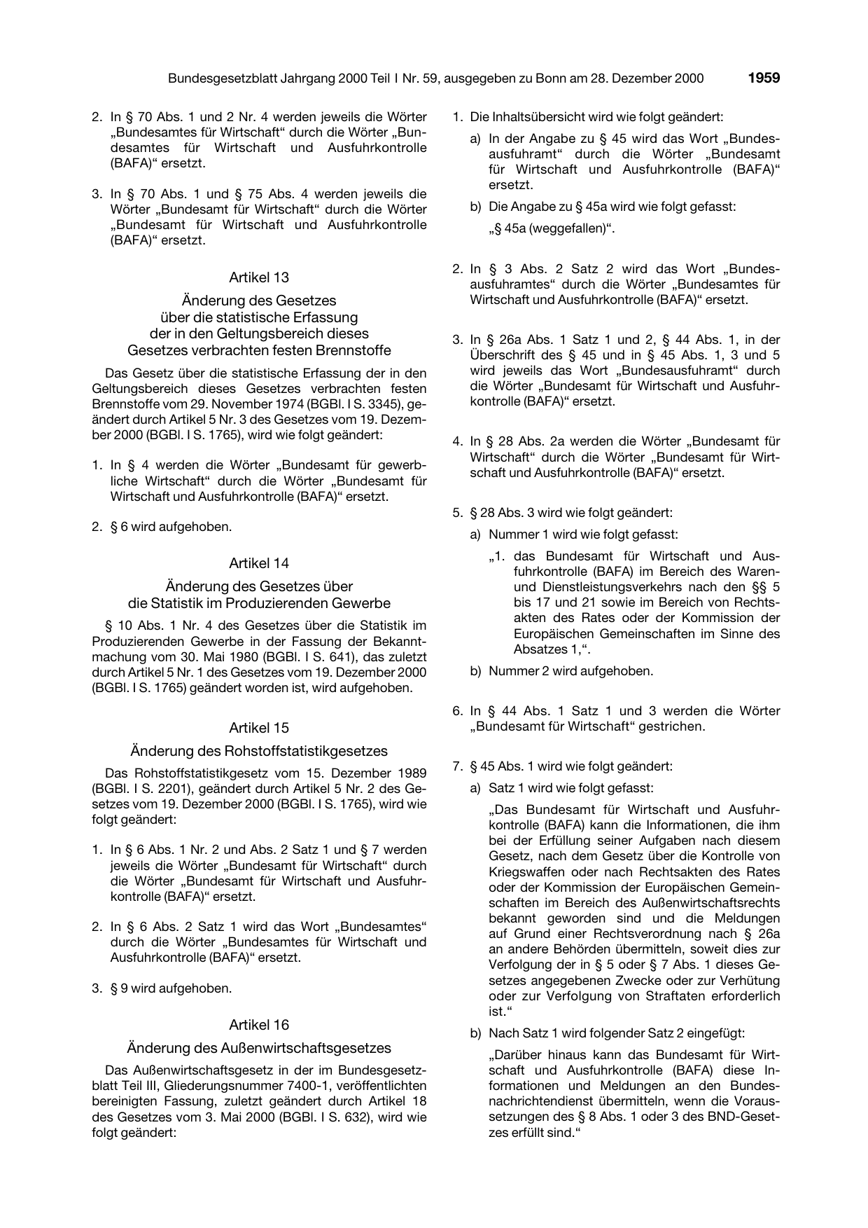 BGBl. 2000, Seite 1959 — Originalseite als Abbildung