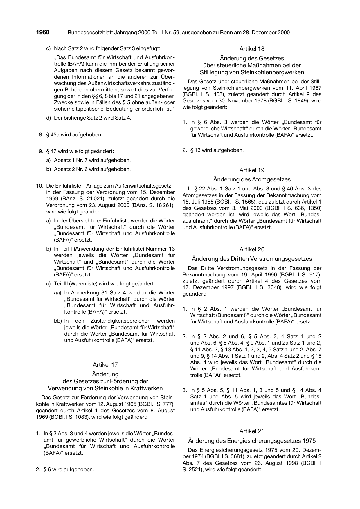 BGBl. 2000, Seite 1960 — Originalseite als Abbildung