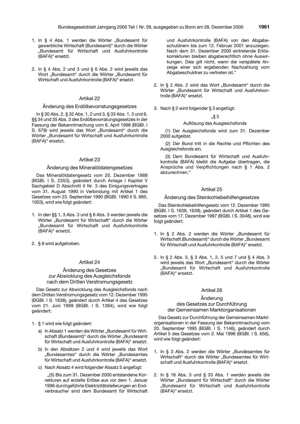 BGBl. 2000, Seite 1961 — Originalseite als Abbildung