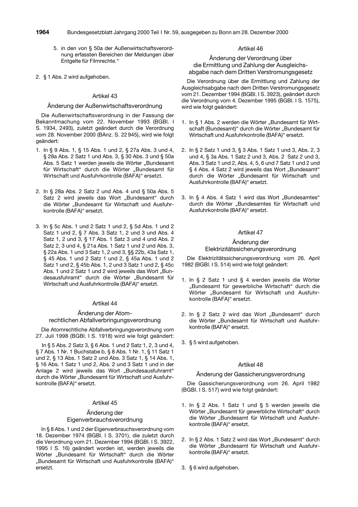 BGBl. 2000, Seite 1964 — Originalseite als Abbildung