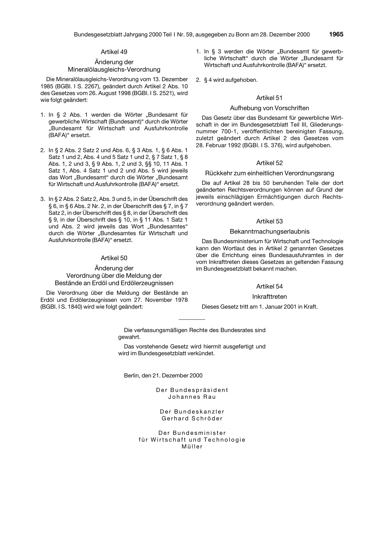 BGBl. 2000, Seite 1965 — Originalseite als Abbildung