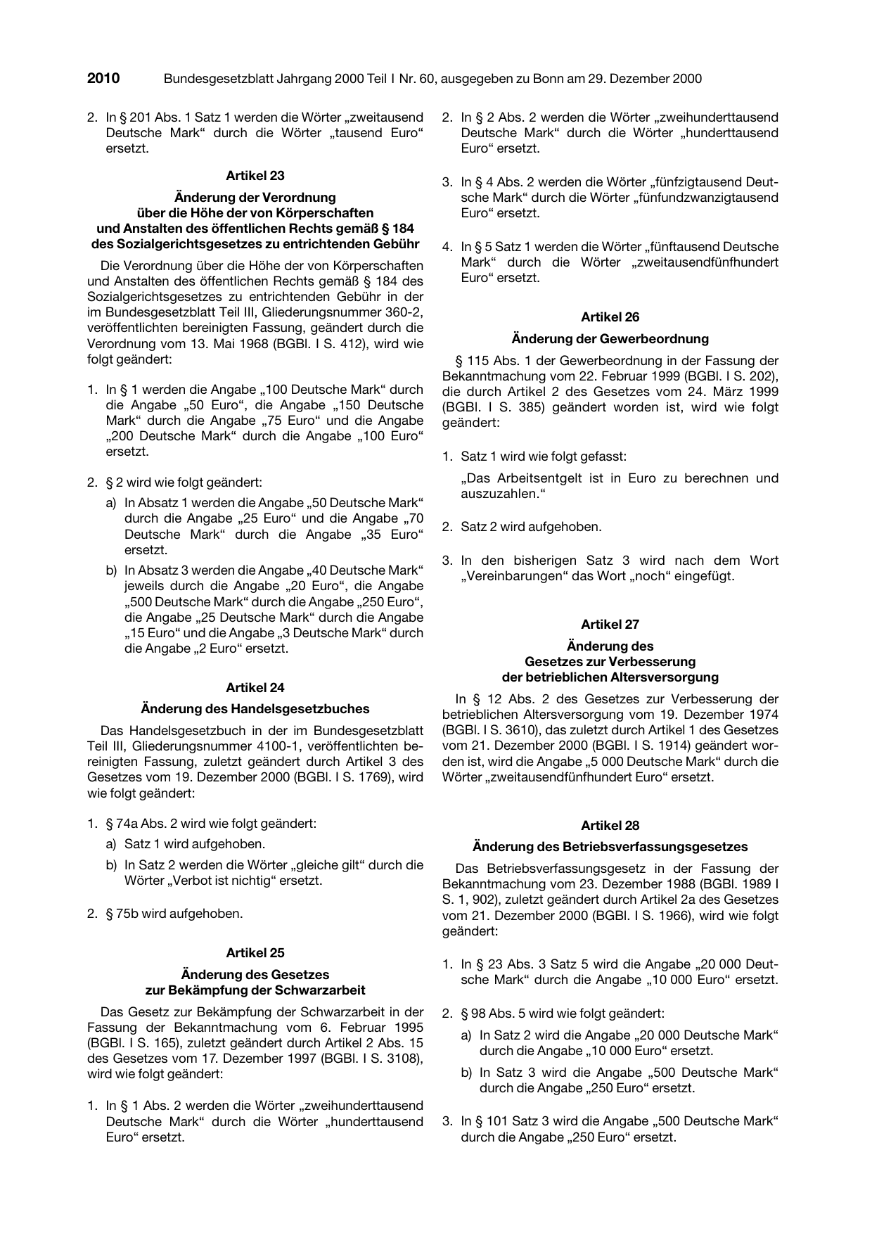 BGBl. 2000, Seite 2010 — Originalseite als Abbildung