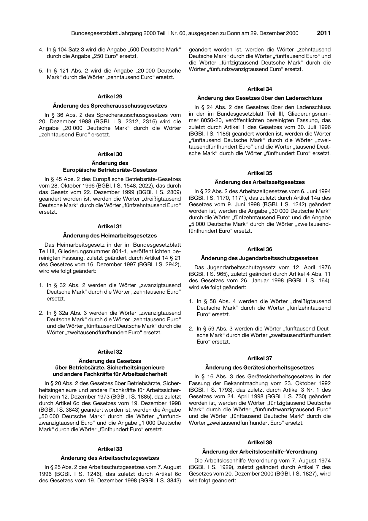 BGBl. 2000, Seite 2011 — Originalseite als Abbildung