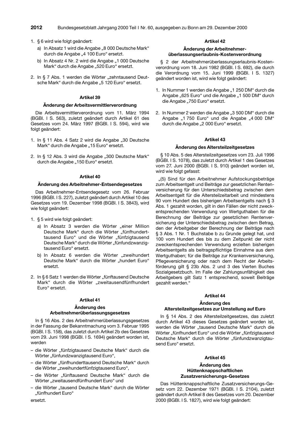 BGBl. 2000, Seite 2012 — Originalseite als Abbildung