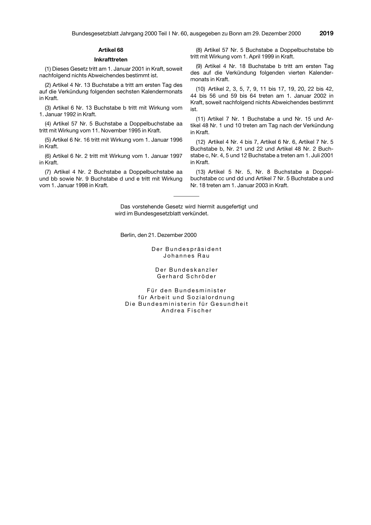 BGBl. 2000, Seite 2019 — Originalseite als Abbildung