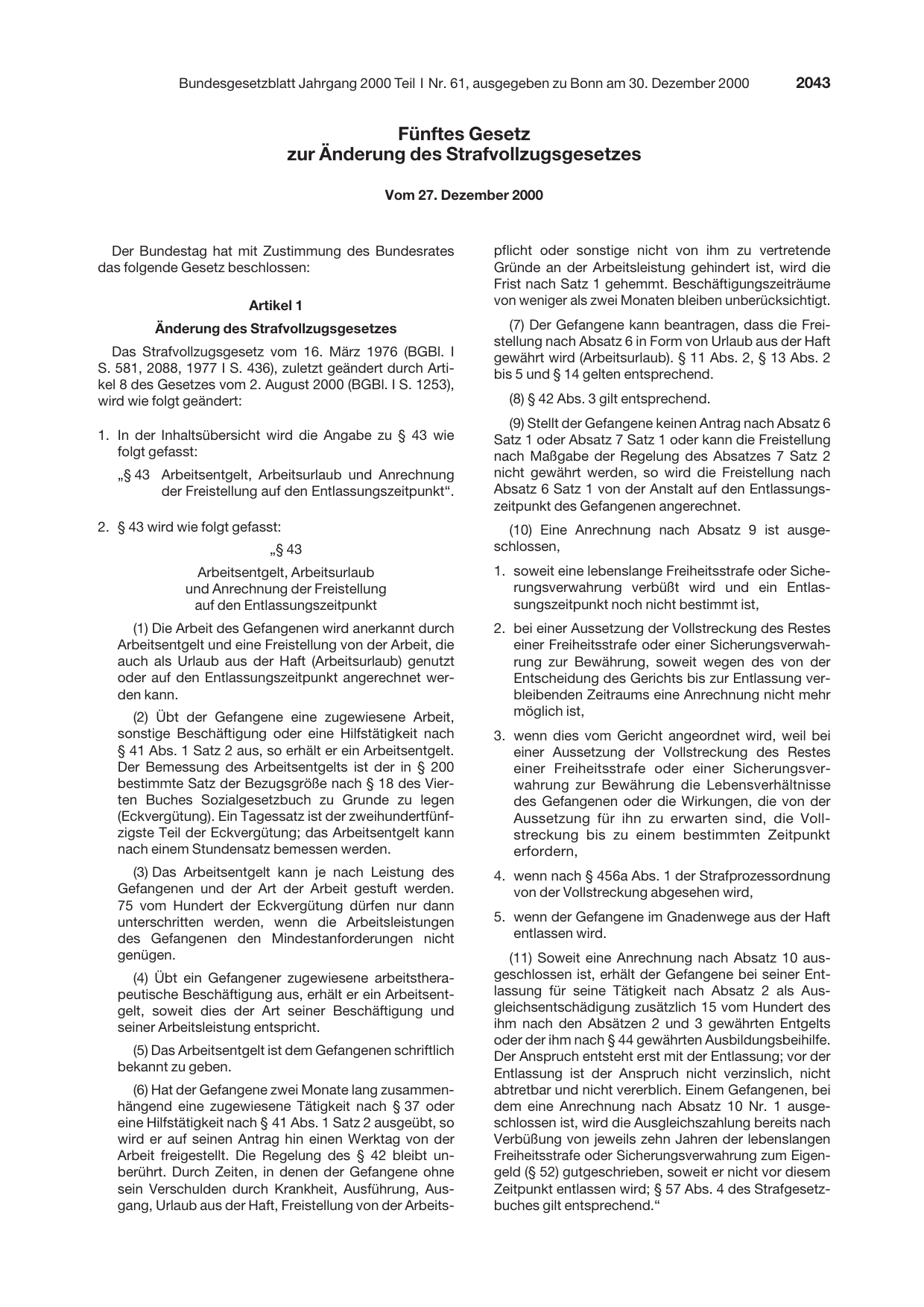 BGBl. 2000, Seite 2043 — Originalseite als Abbildung