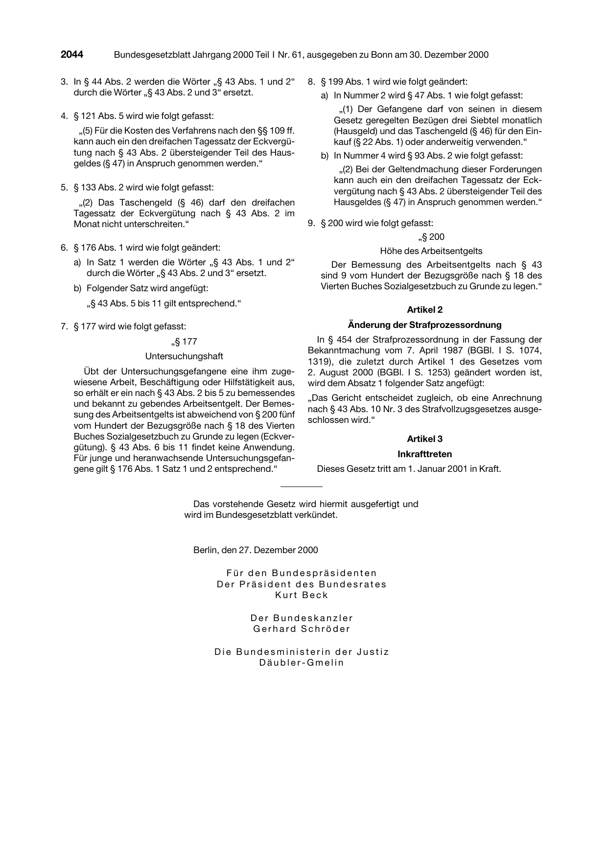 BGBl. 2000, Seite 2044 — Originalseite als Abbildung