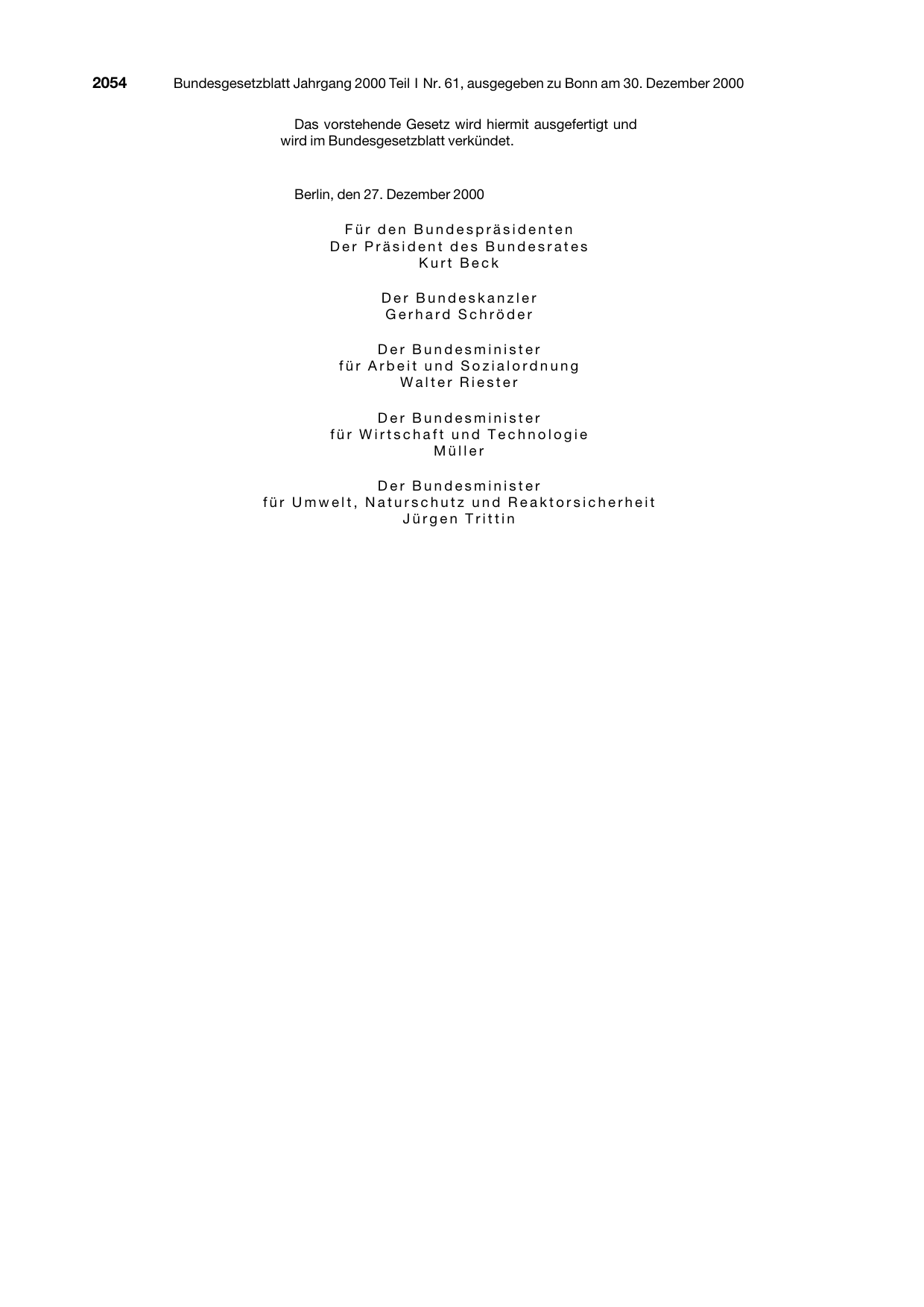 BGBl. 2000, Seite 2054 — Originalseite als Abbildung