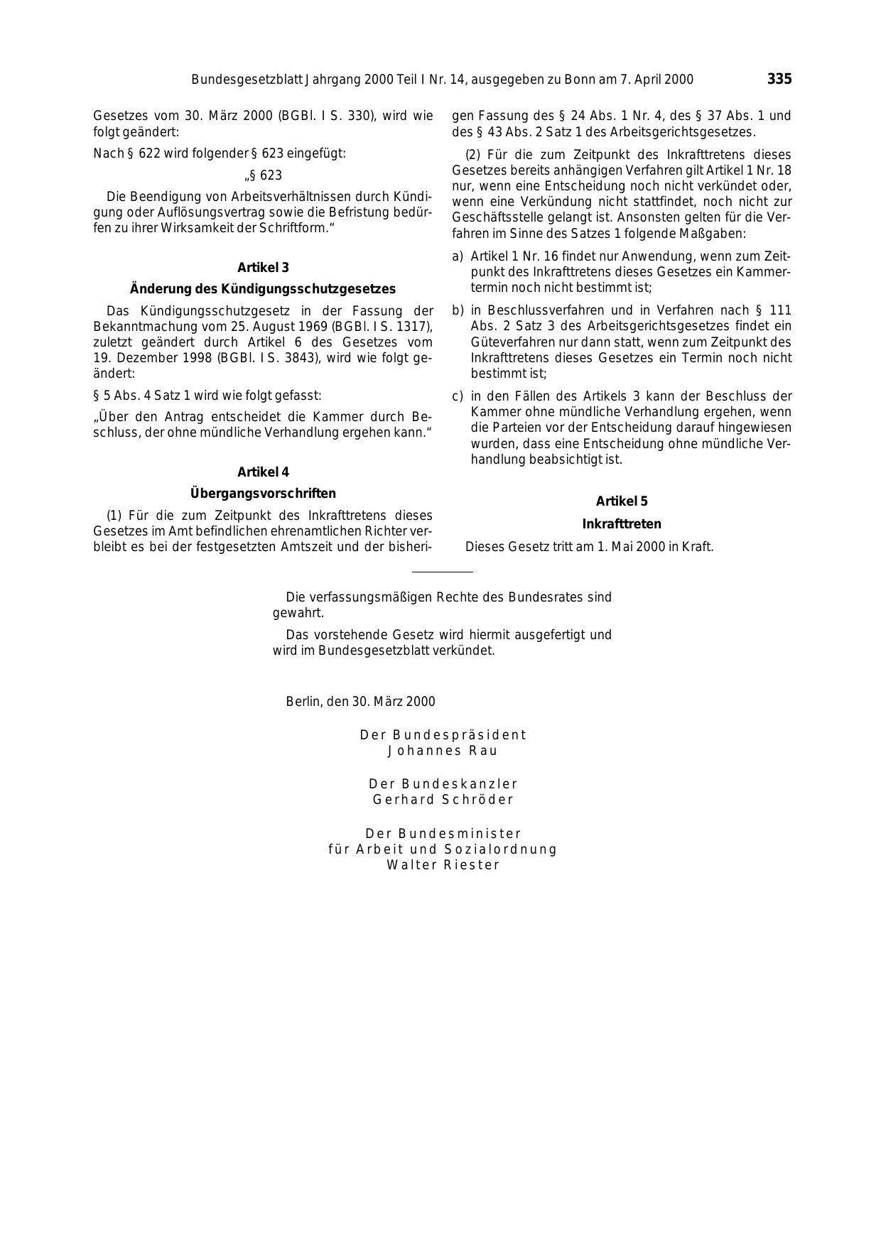 BGBl. 2000, Seite 335 — Originalseite als Abbildung