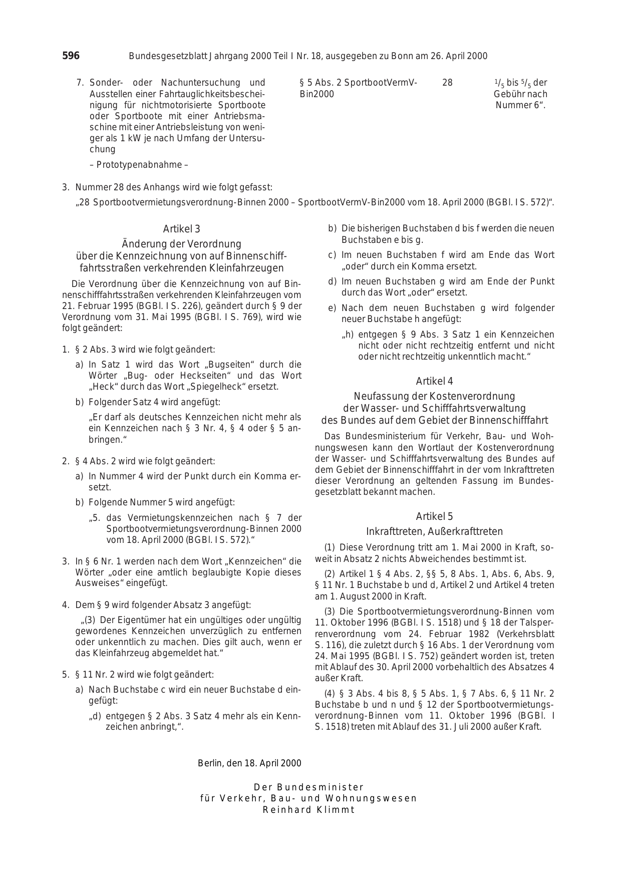 BGBl. 2000, Seite 596 — Originalseite als Abbildung