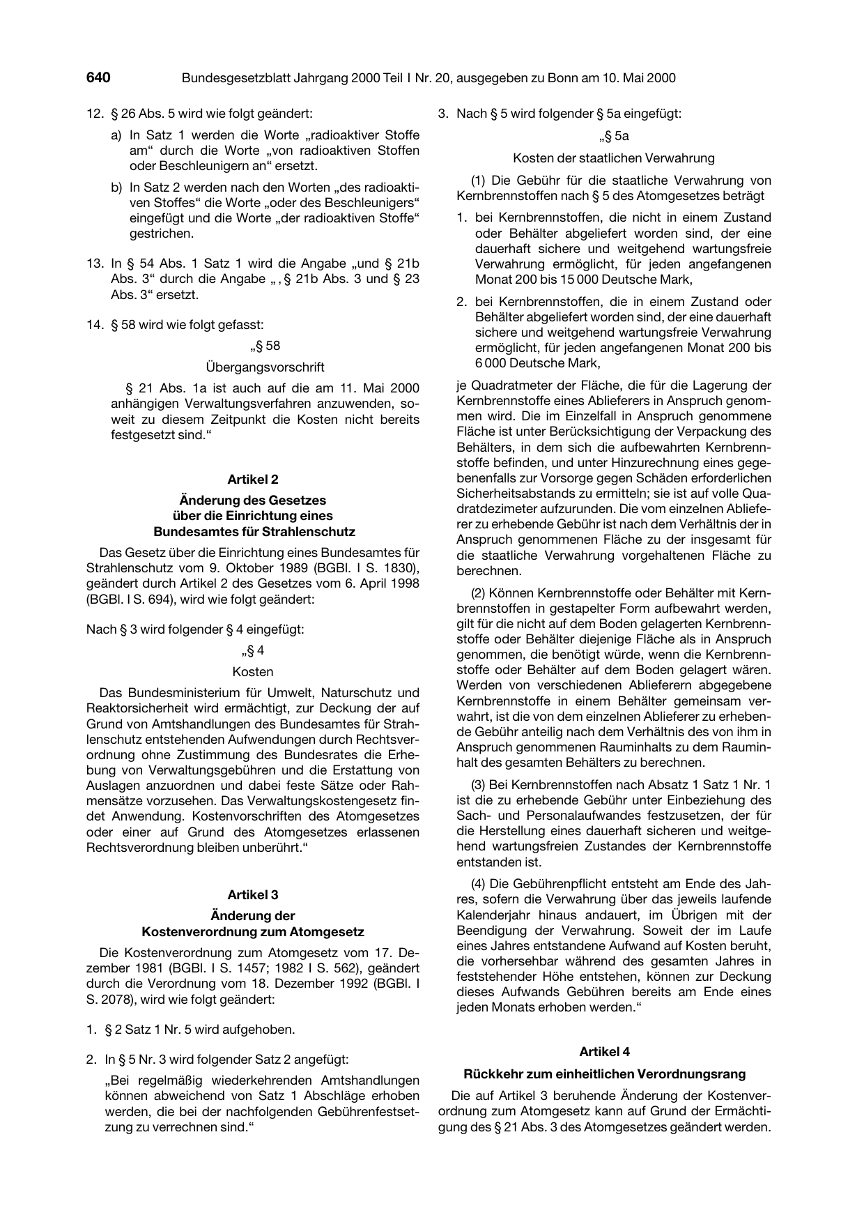 BGBl. 2000, Seite 640 — Originalseite als Abbildung