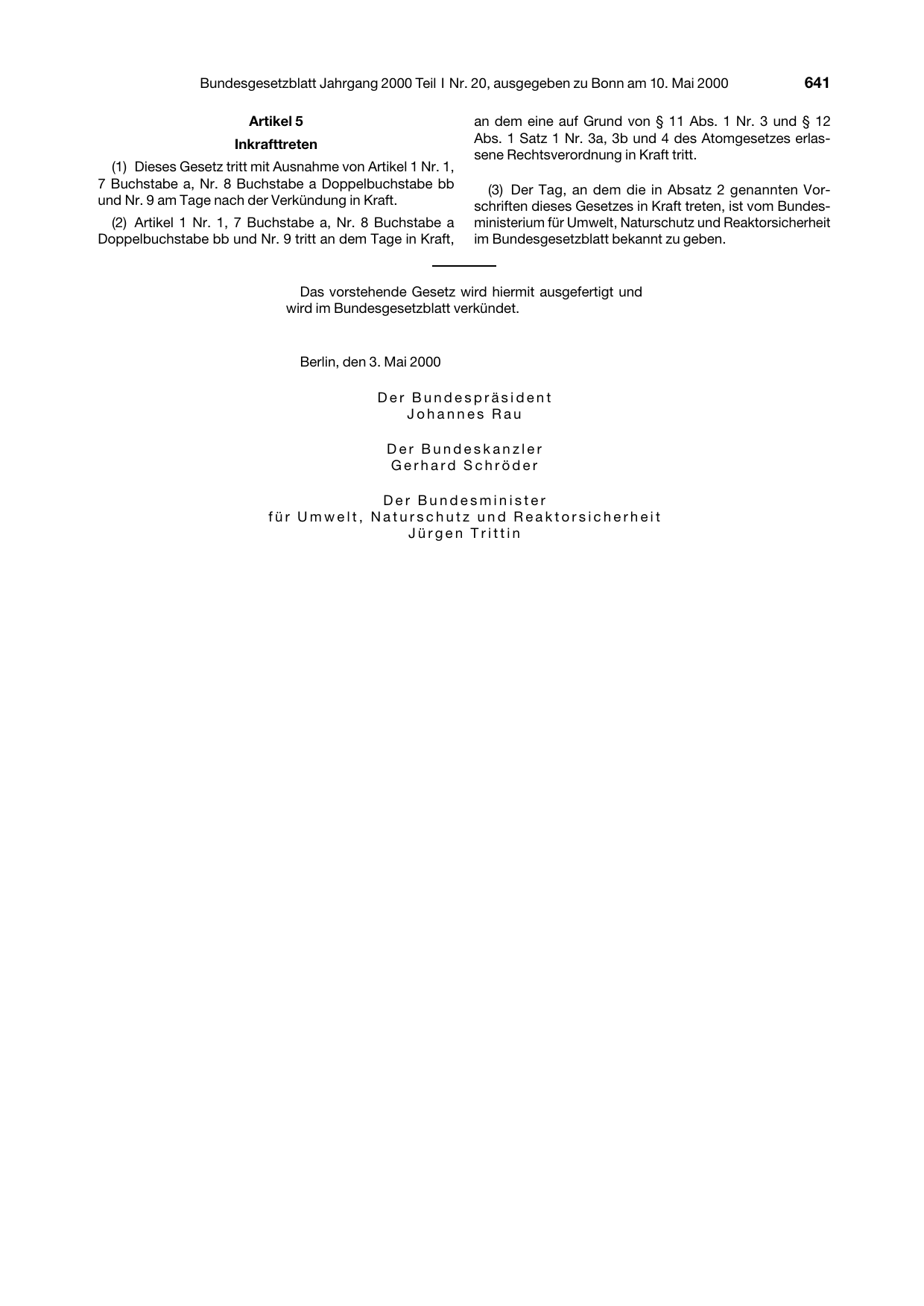 BGBl. 2000, Seite 641 — Originalseite als Abbildung