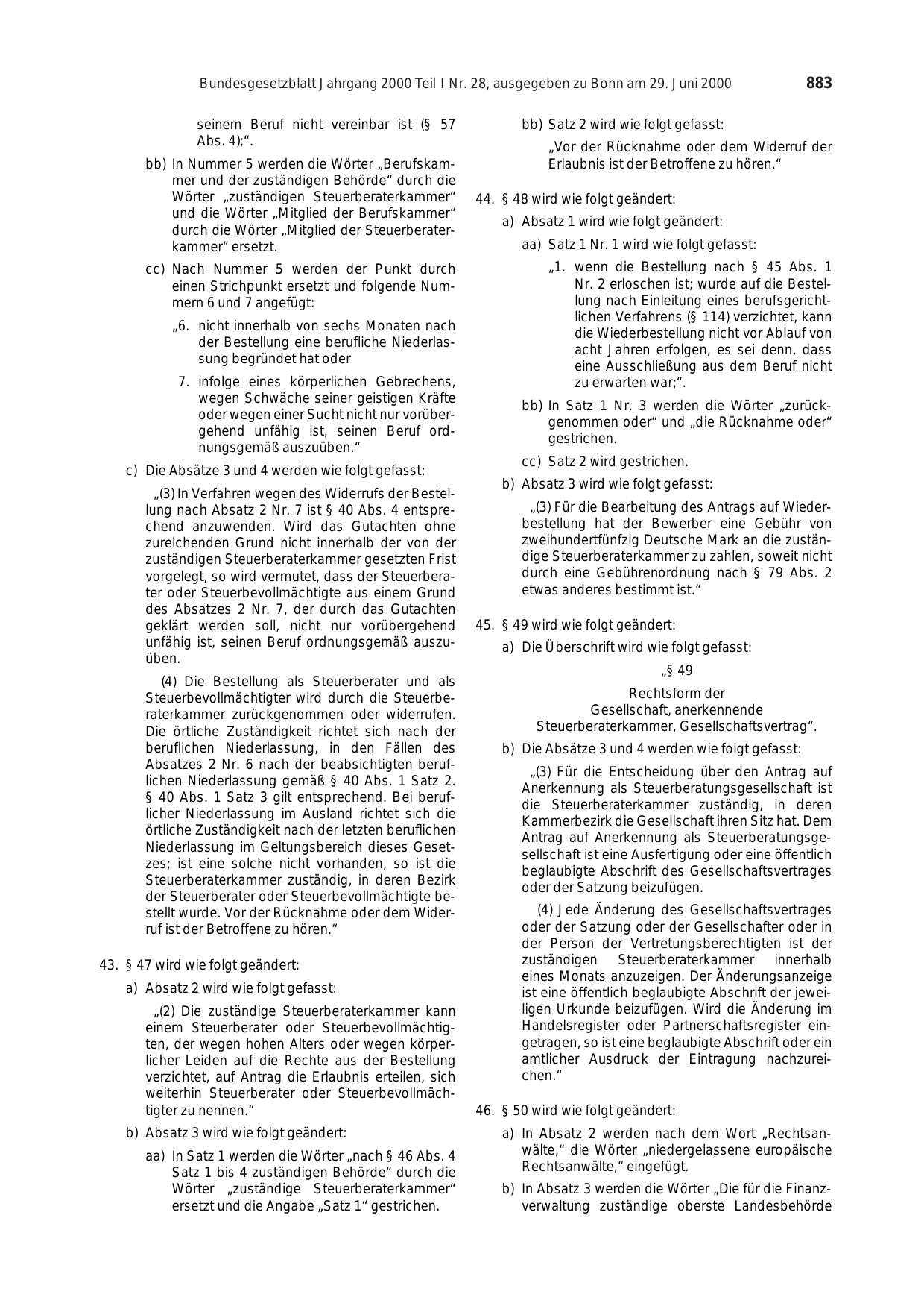 BGBl. 2000, Seite 883 — Originalseite als Abbildung