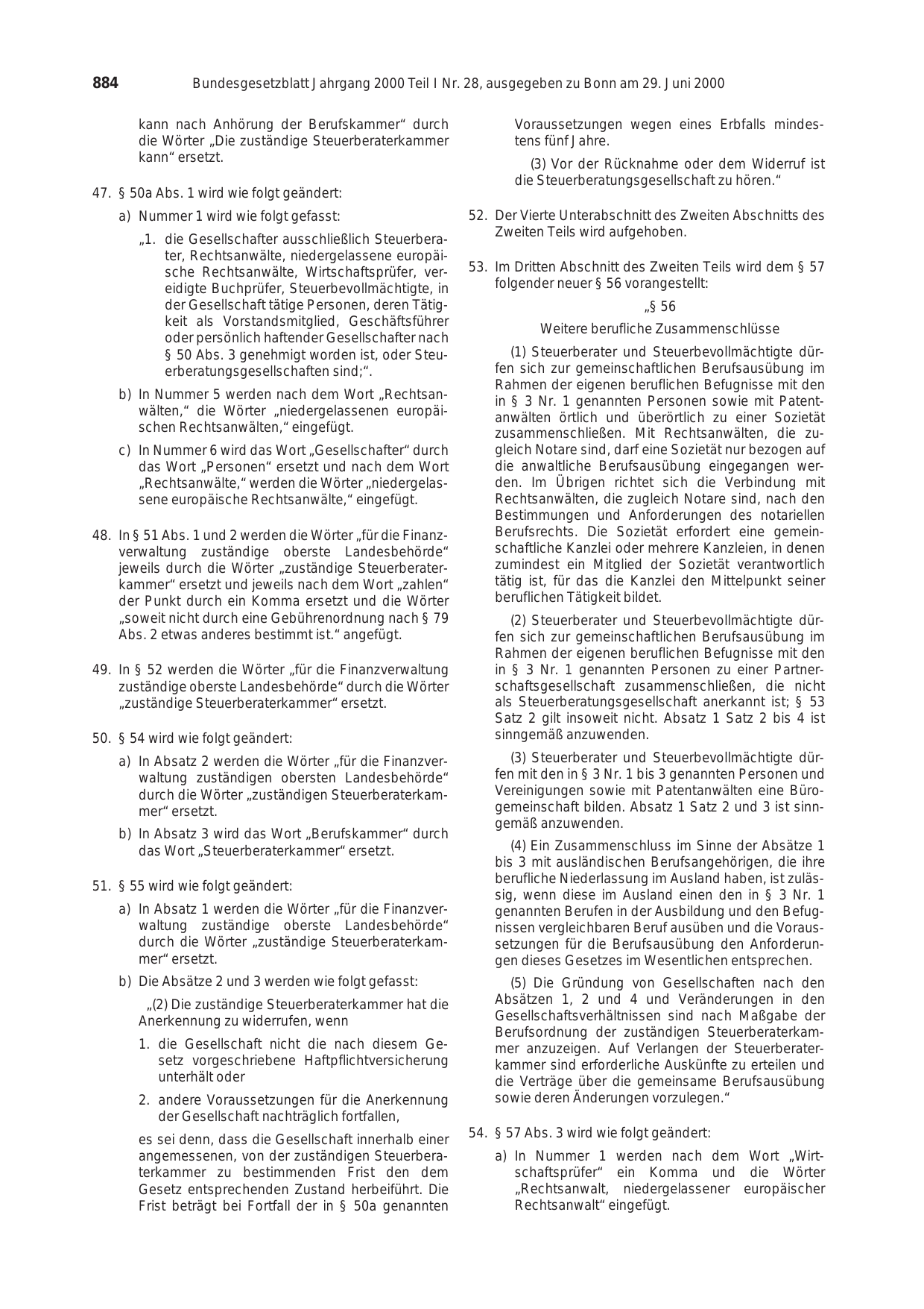 BGBl. 2000, Seite 884 — Originalseite als Abbildung