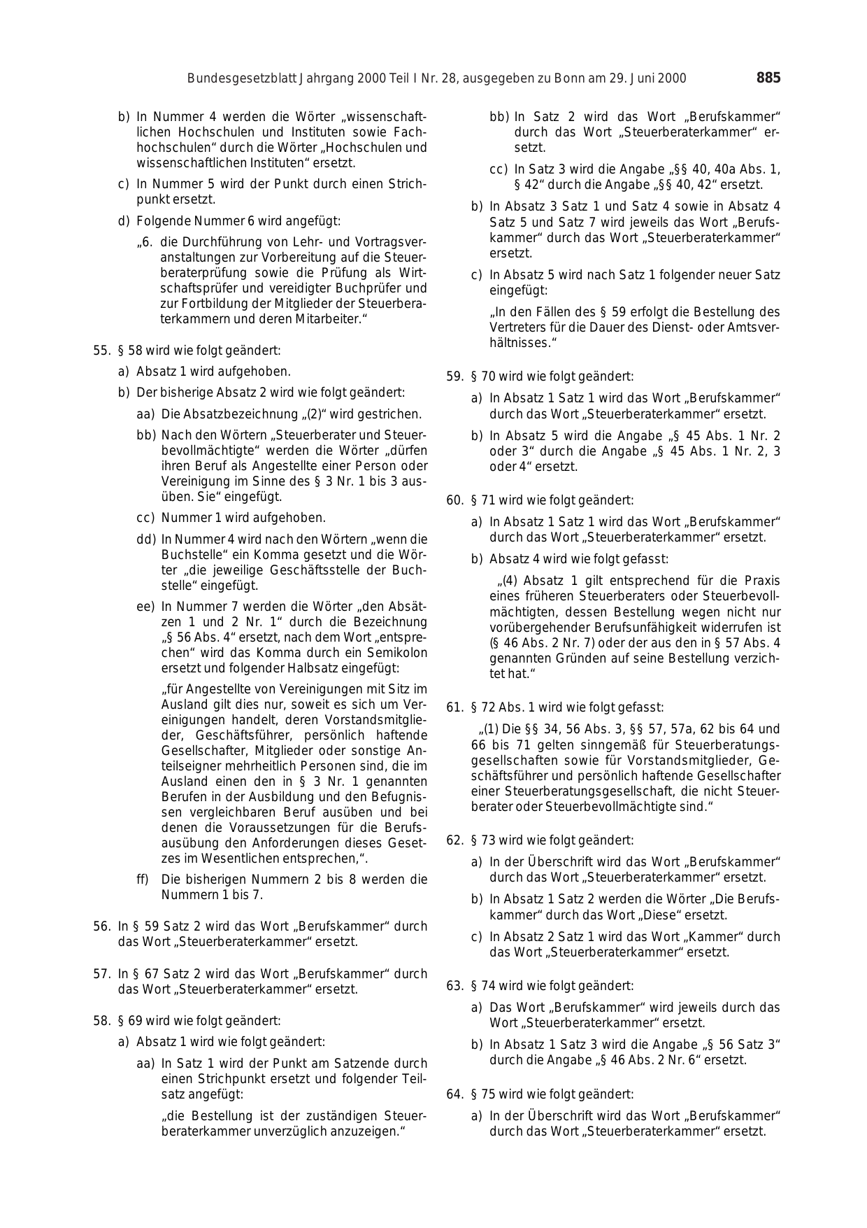 BGBl. 2000, Seite 885 — Originalseite als Abbildung