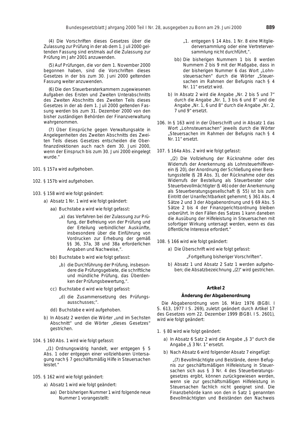 BGBl. 2000, Seite 889 — Originalseite als Abbildung