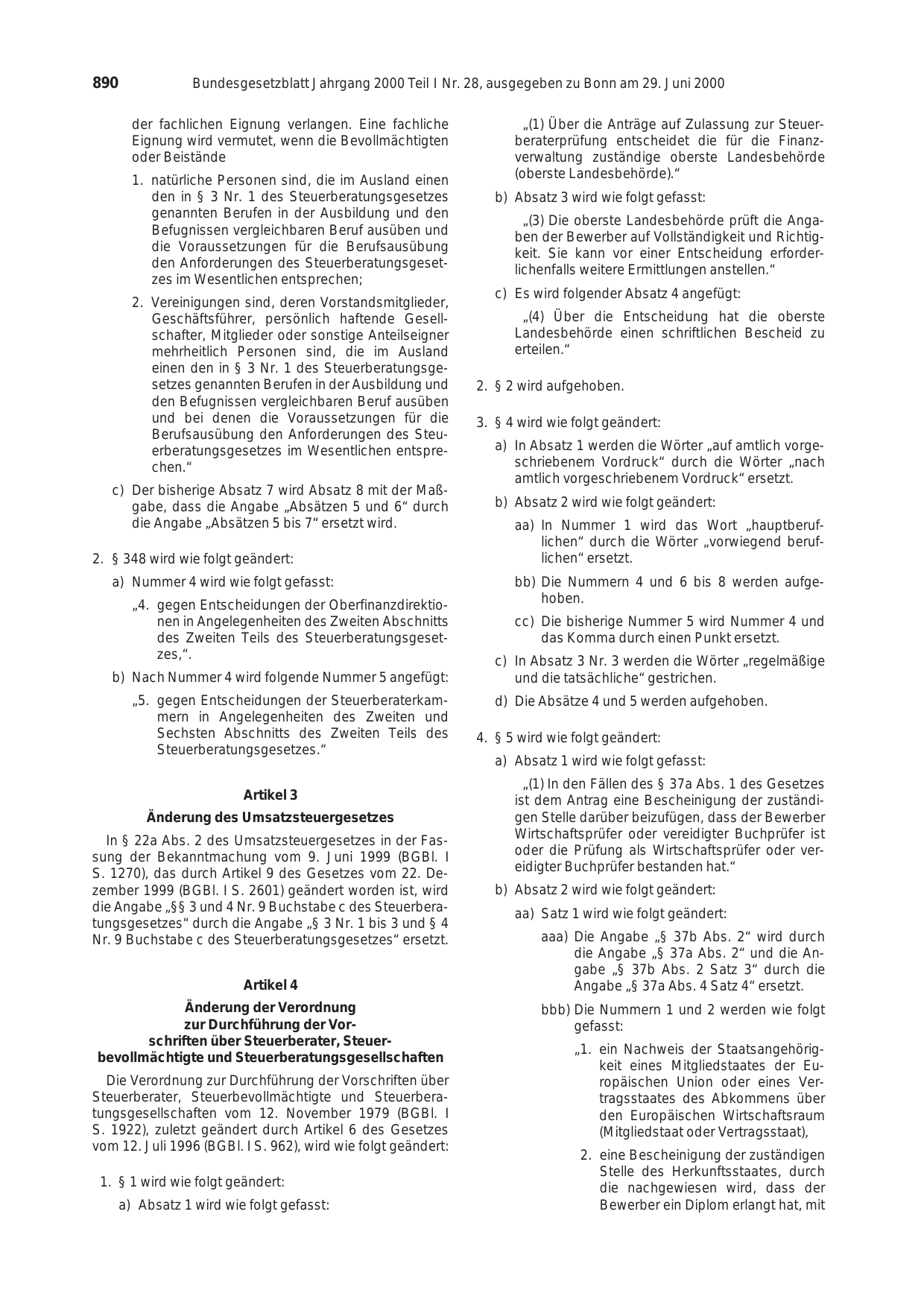 BGBl. 2000, Seite 890 — Originalseite als Abbildung