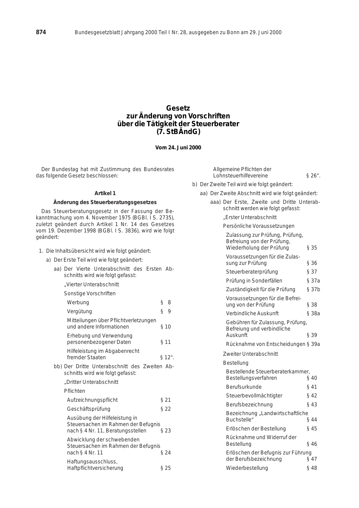 BGBl. 2000, Seite 874 — Originalseite als Abbildung
