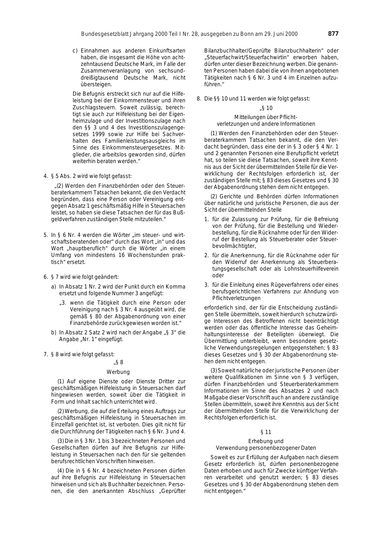 BGBl. 2000, Seite 877 — Originalseite als Abbildung
