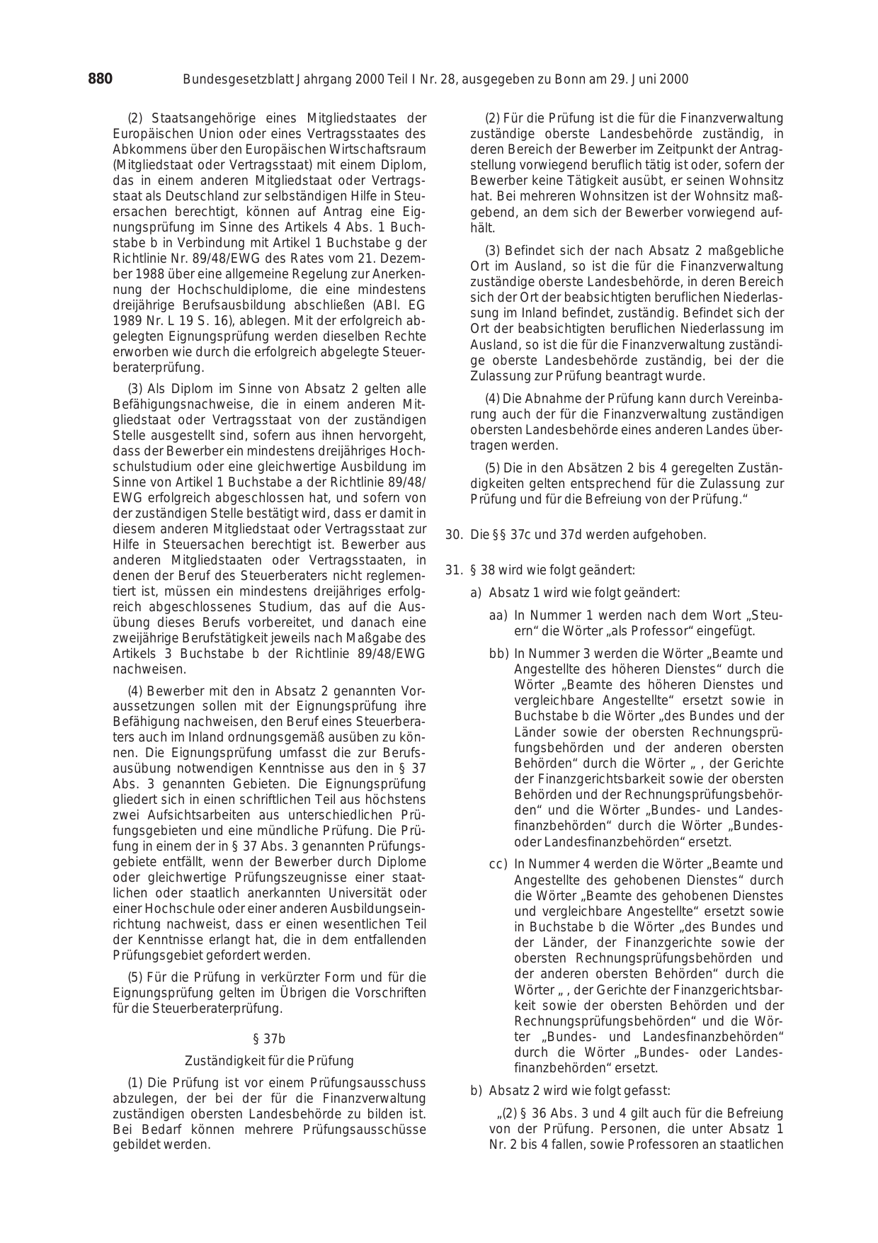 BGBl. 2000, Seite 880 — Originalseite als Abbildung