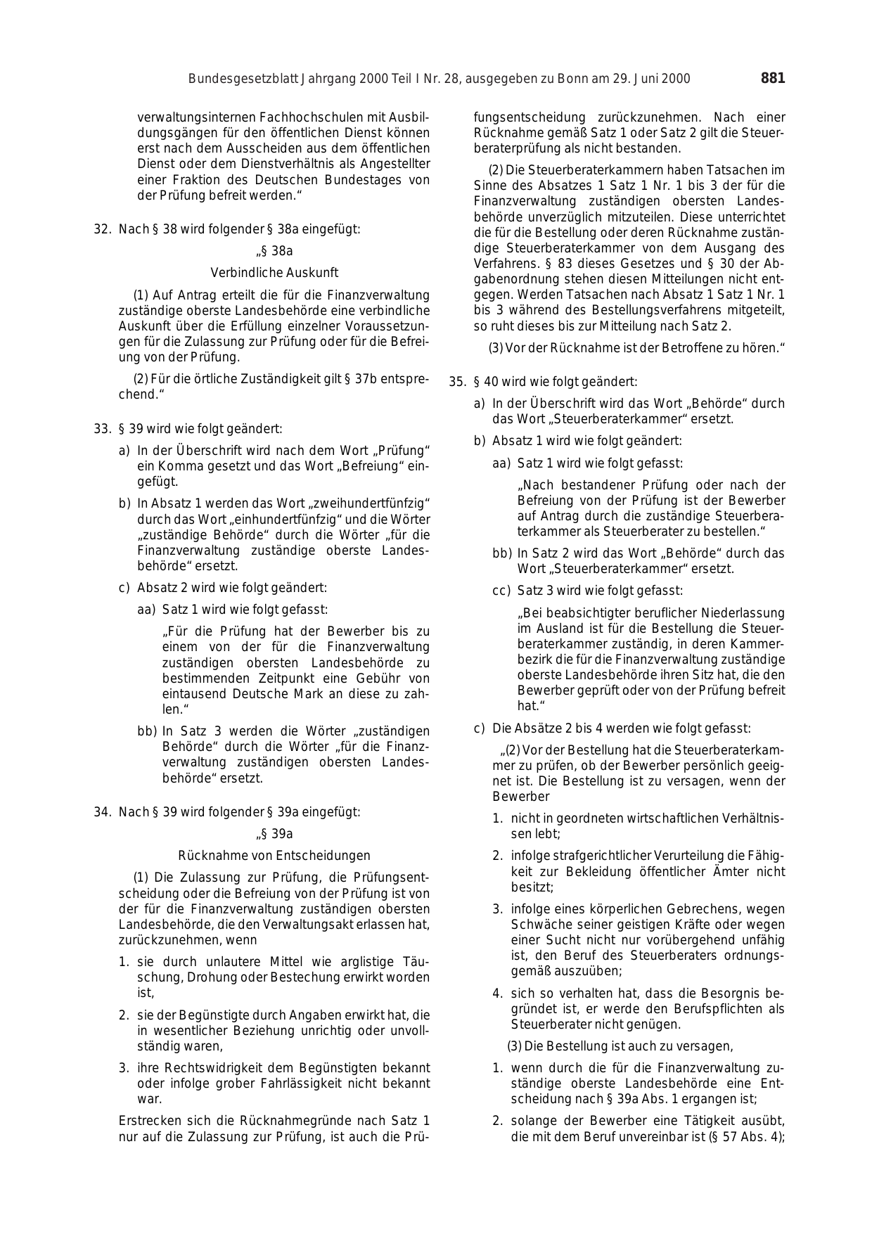 BGBl. 2000, Seite 881 — Originalseite als Abbildung