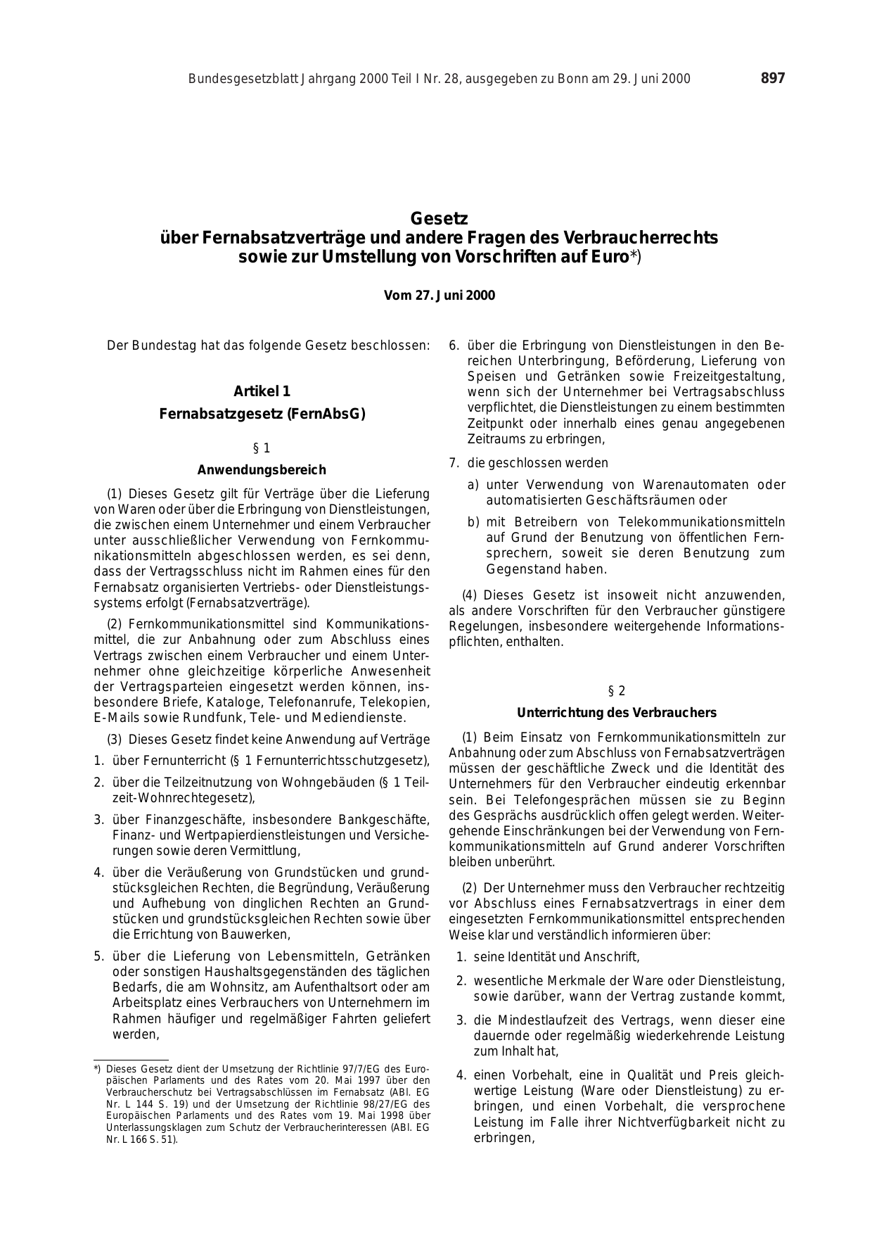 BGBl. 2000, Seite 897 — Originalseite als Abbildung