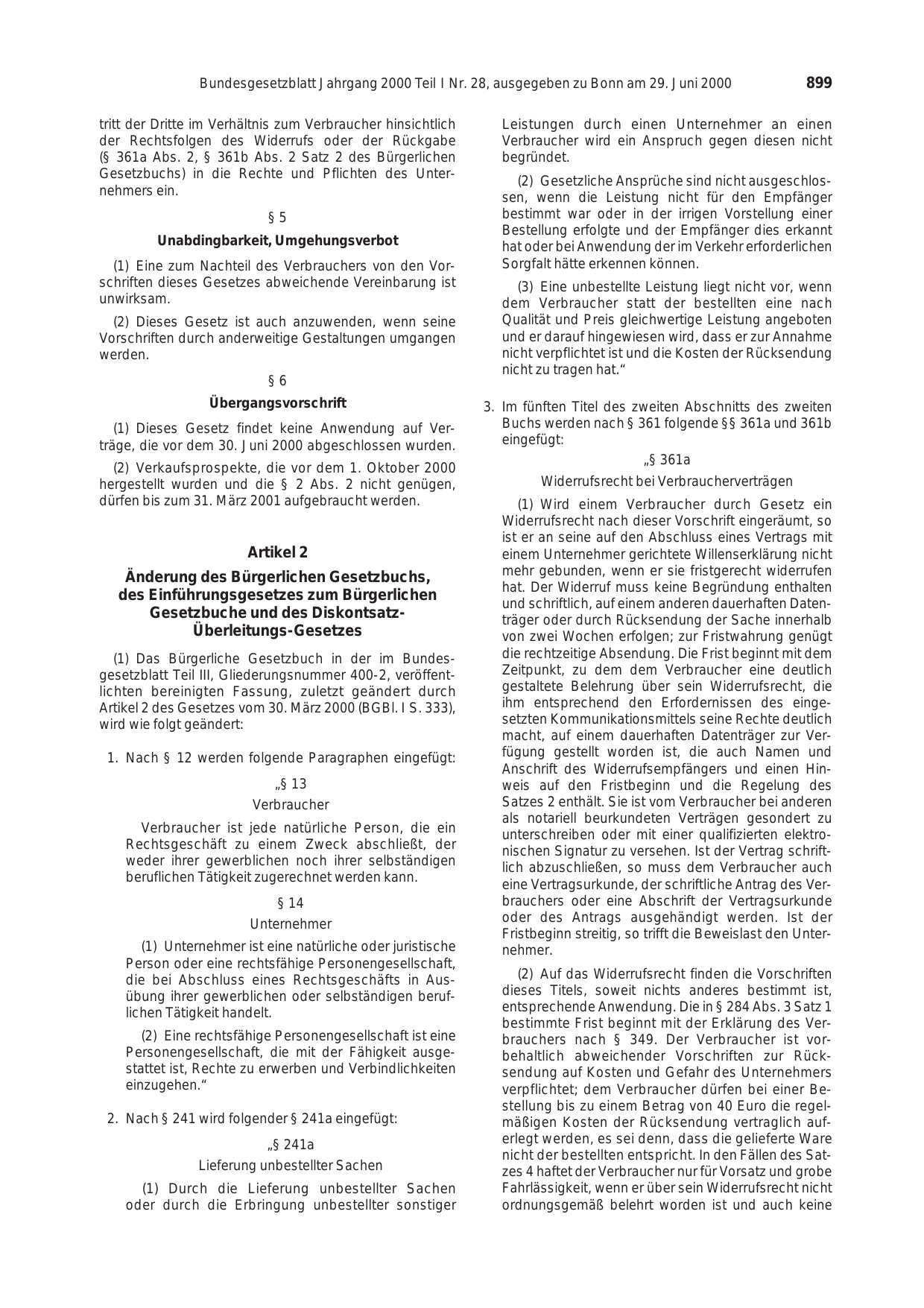 BGBl. 2000, Seite 899 — Originalseite als Abbildung