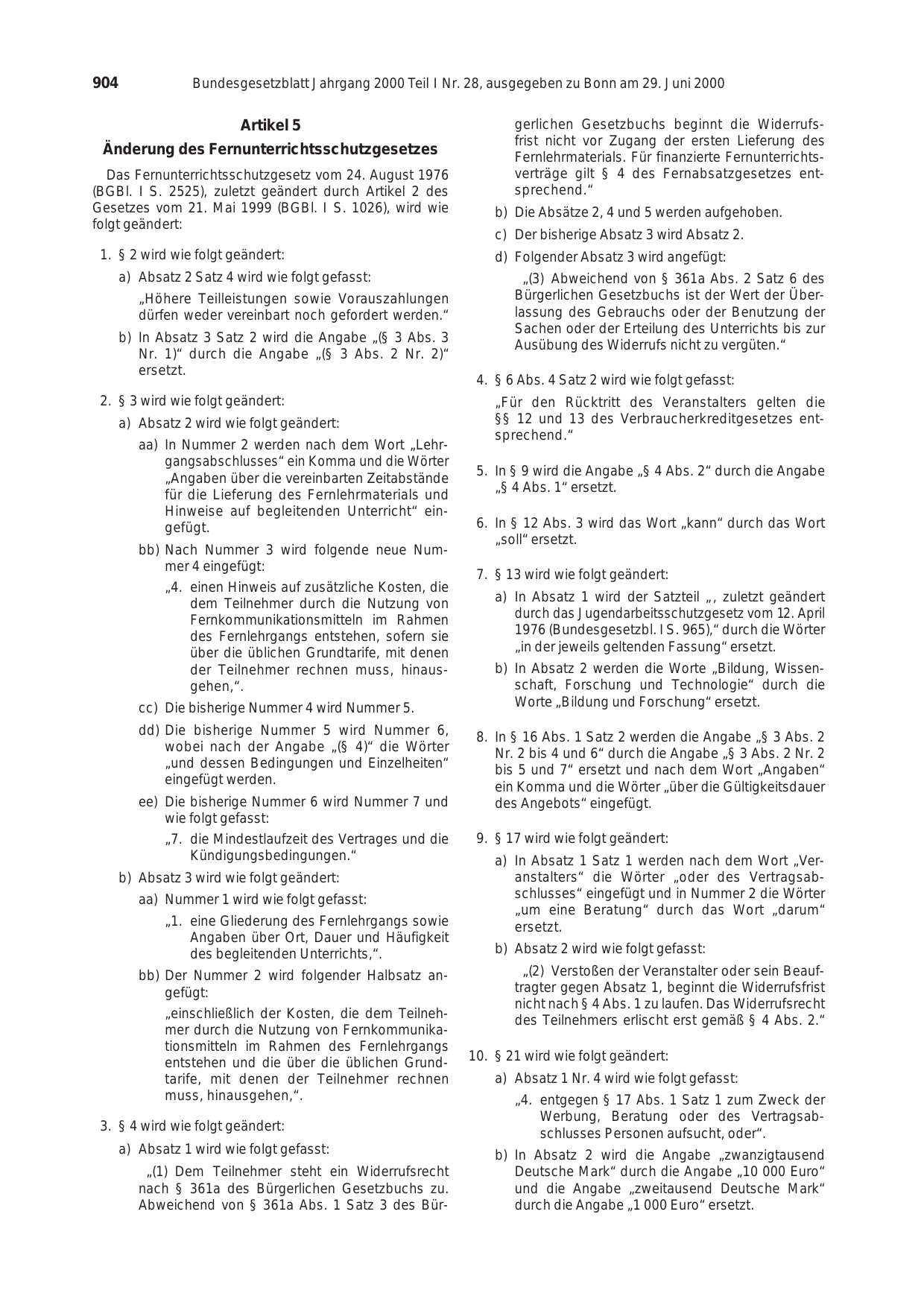 BGBl. 2000, Seite 904 — Originalseite als Abbildung