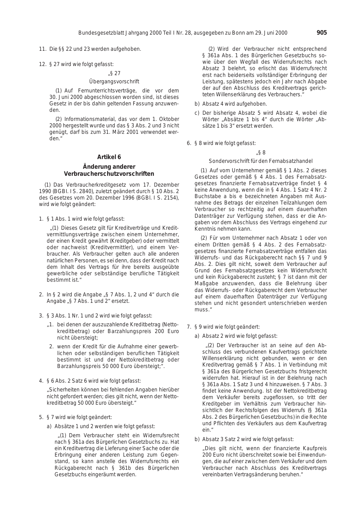 BGBl. 2000, Seite 905 — Originalseite als Abbildung