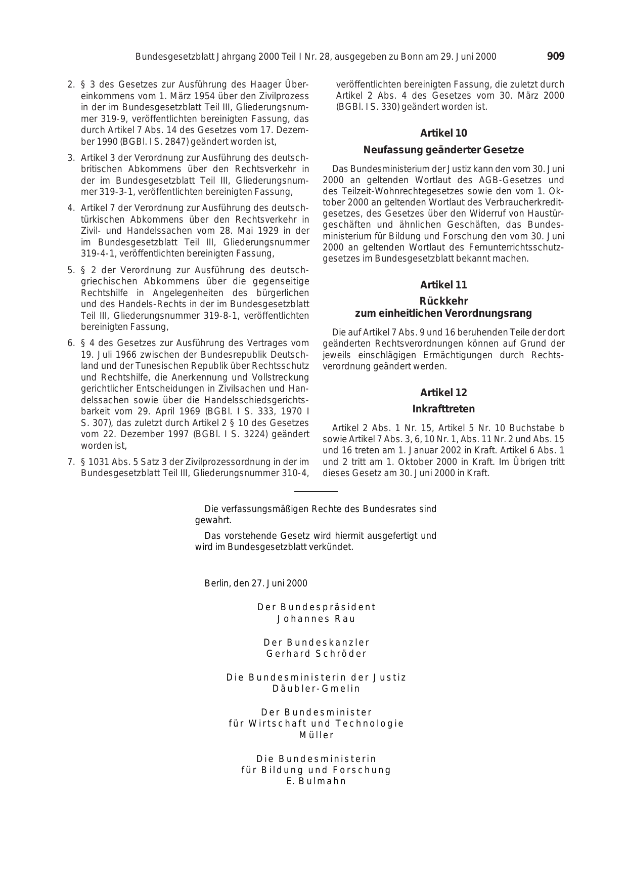 BGBl. 2000, Seite 909 — Originalseite als Abbildung