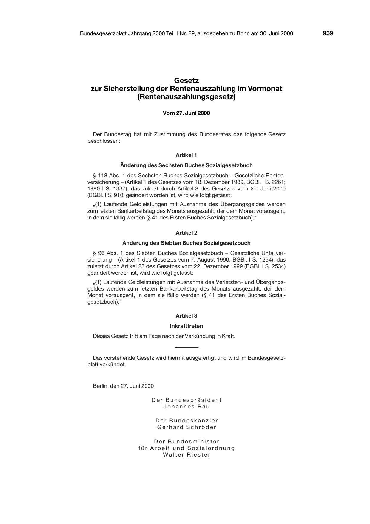 BGBl. 2000, Seite 939 — Originalseite als Abbildung
