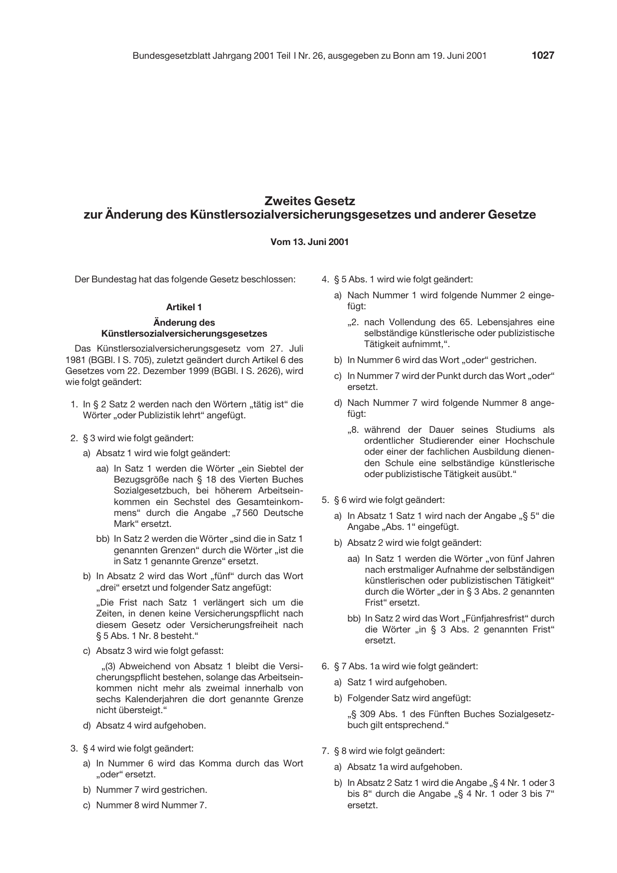 BGBl. 2001, Seite 1027 — Originalseite als Abbildung