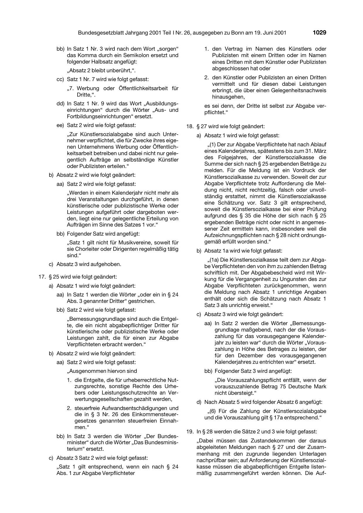 BGBl. 2001, Seite 1029 — Originalseite als Abbildung