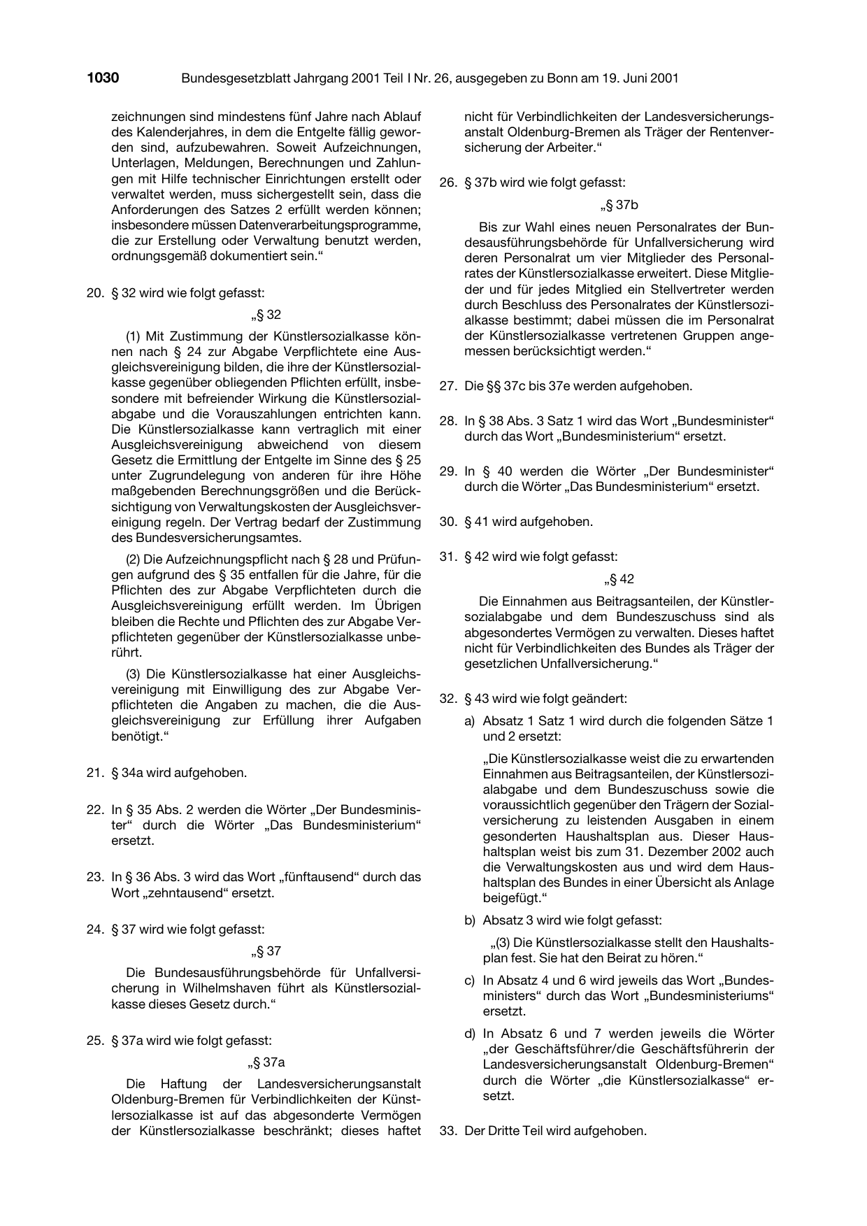 BGBl. 2001, Seite 1030 — Originalseite als Abbildung