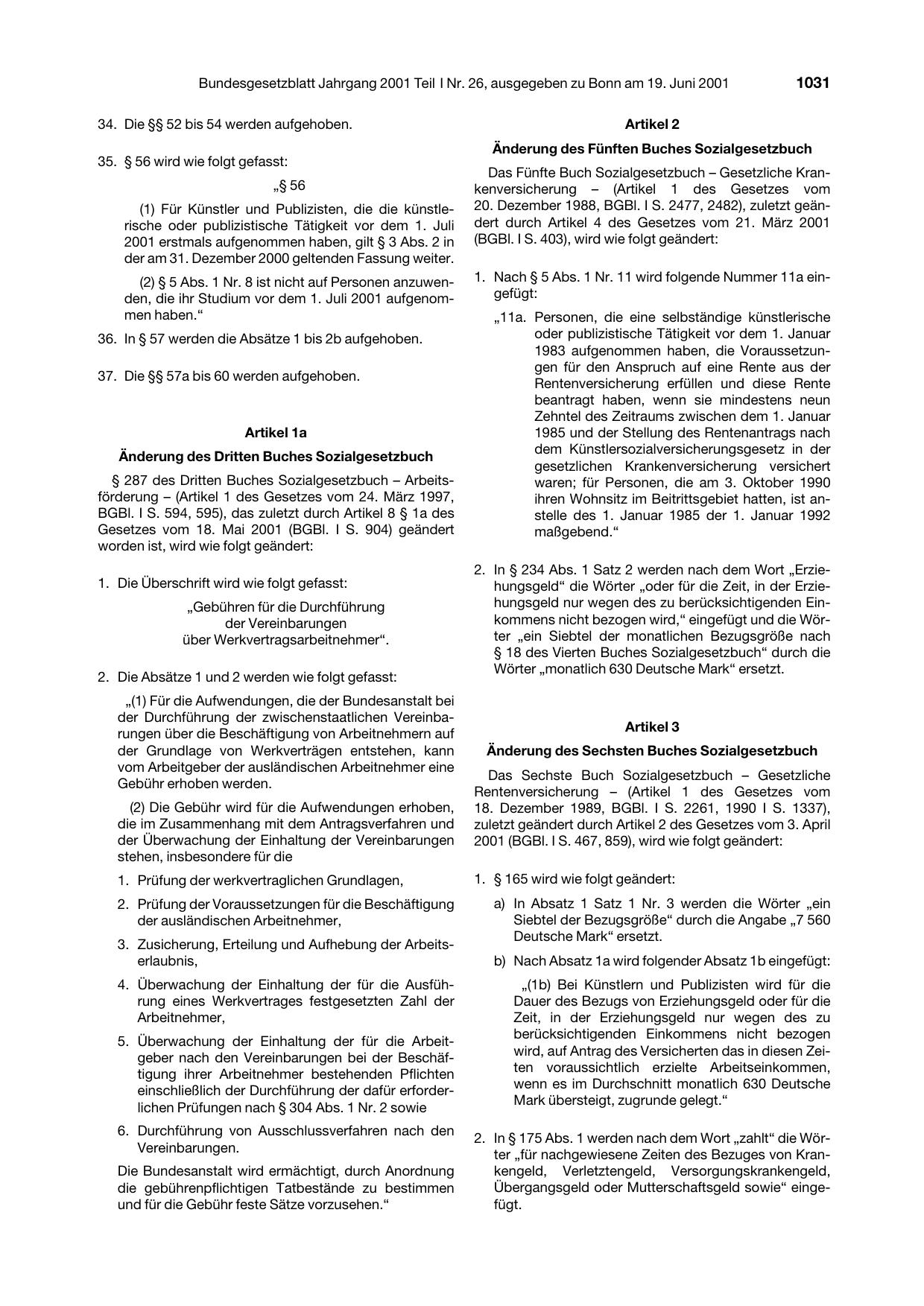 BGBl. 2001, Seite 1031 — Originalseite als Abbildung