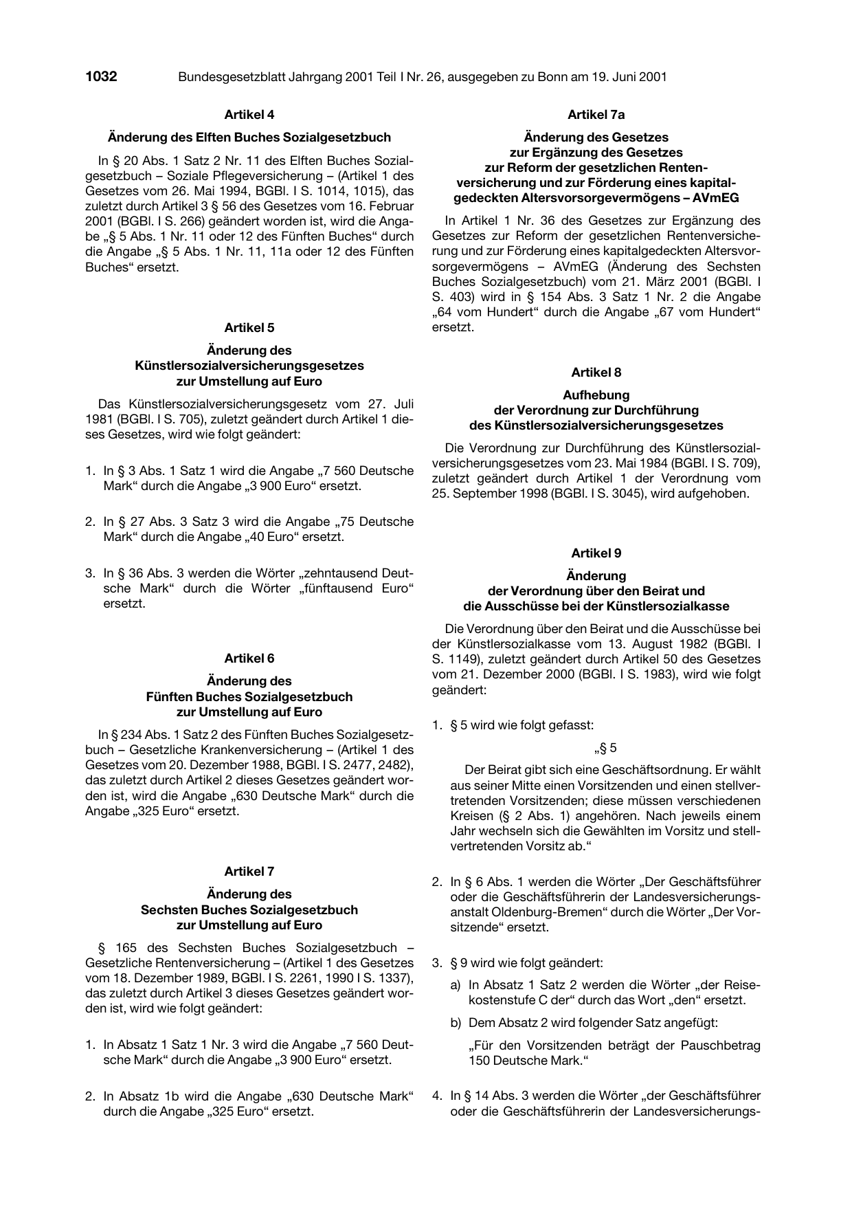 BGBl. 2001, Seite 1032 — Originalseite als Abbildung