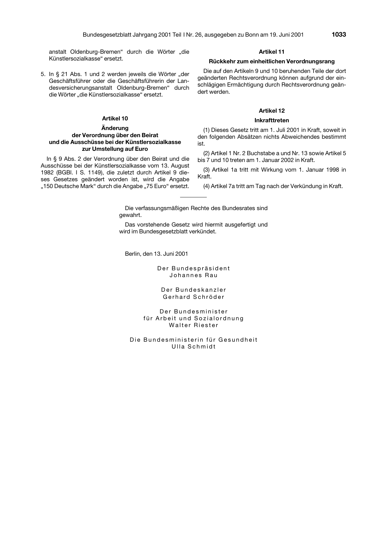 BGBl. 2001, Seite 1033 — Originalseite als Abbildung