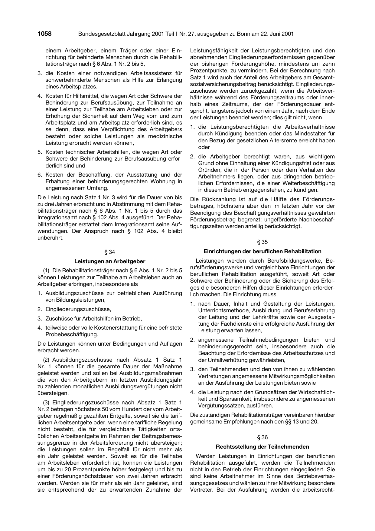 BGBl. 2001, Seite 1058 — Originalseite als Abbildung