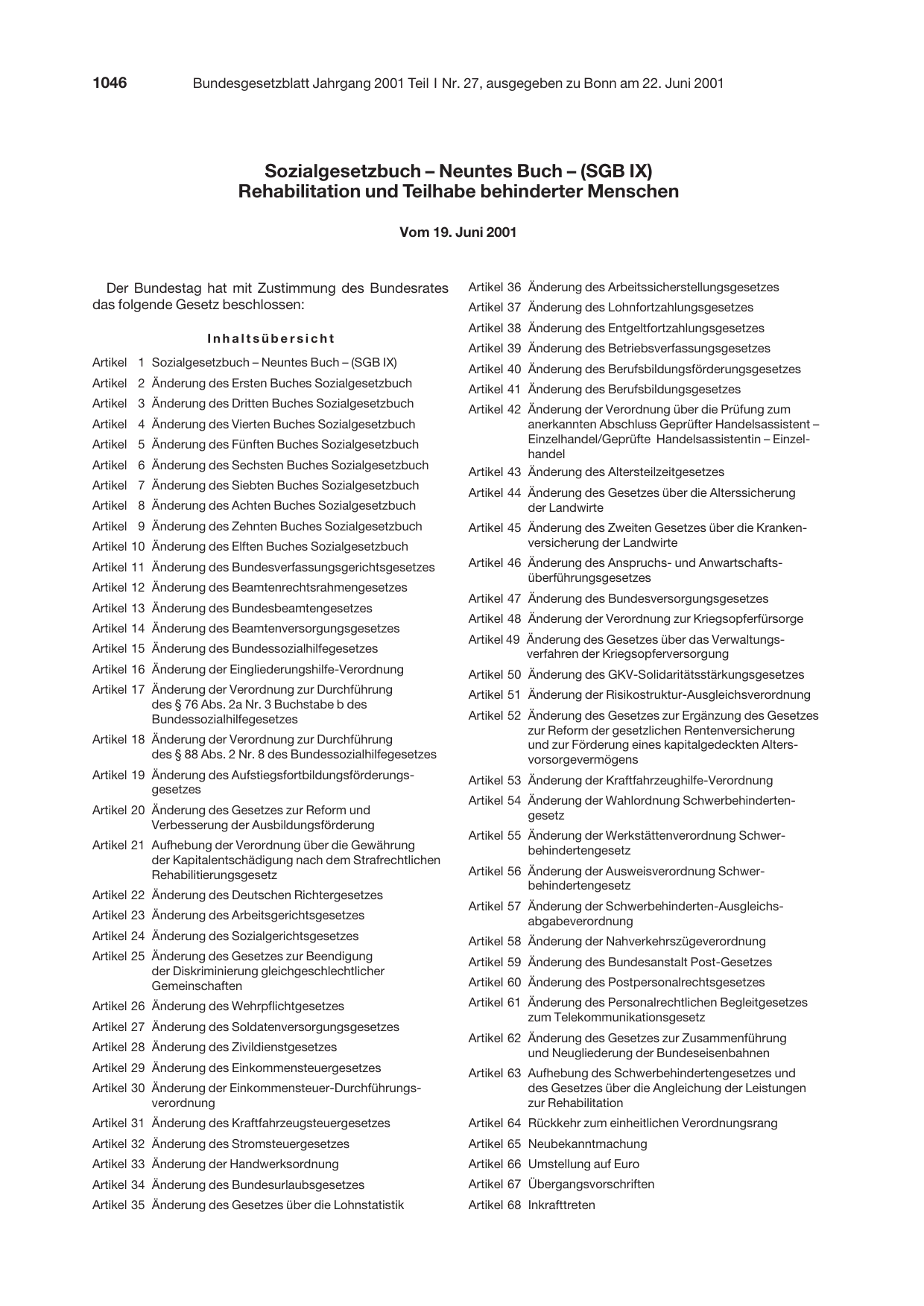 BGBl. 2001, Seite 1046 — Originalseite als Abbildung
