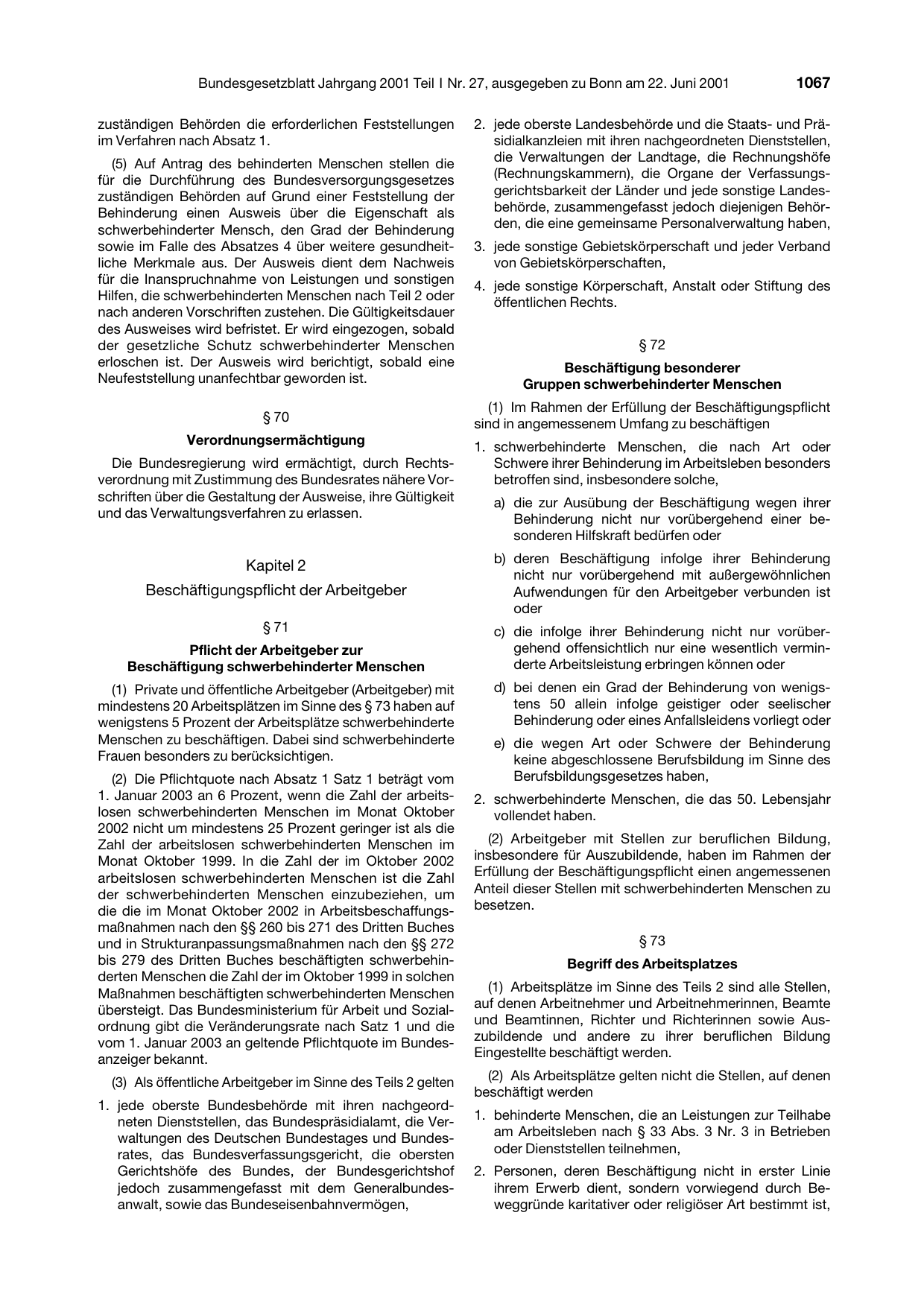 BGBl. 2001, Seite 1067 — Originalseite als Abbildung